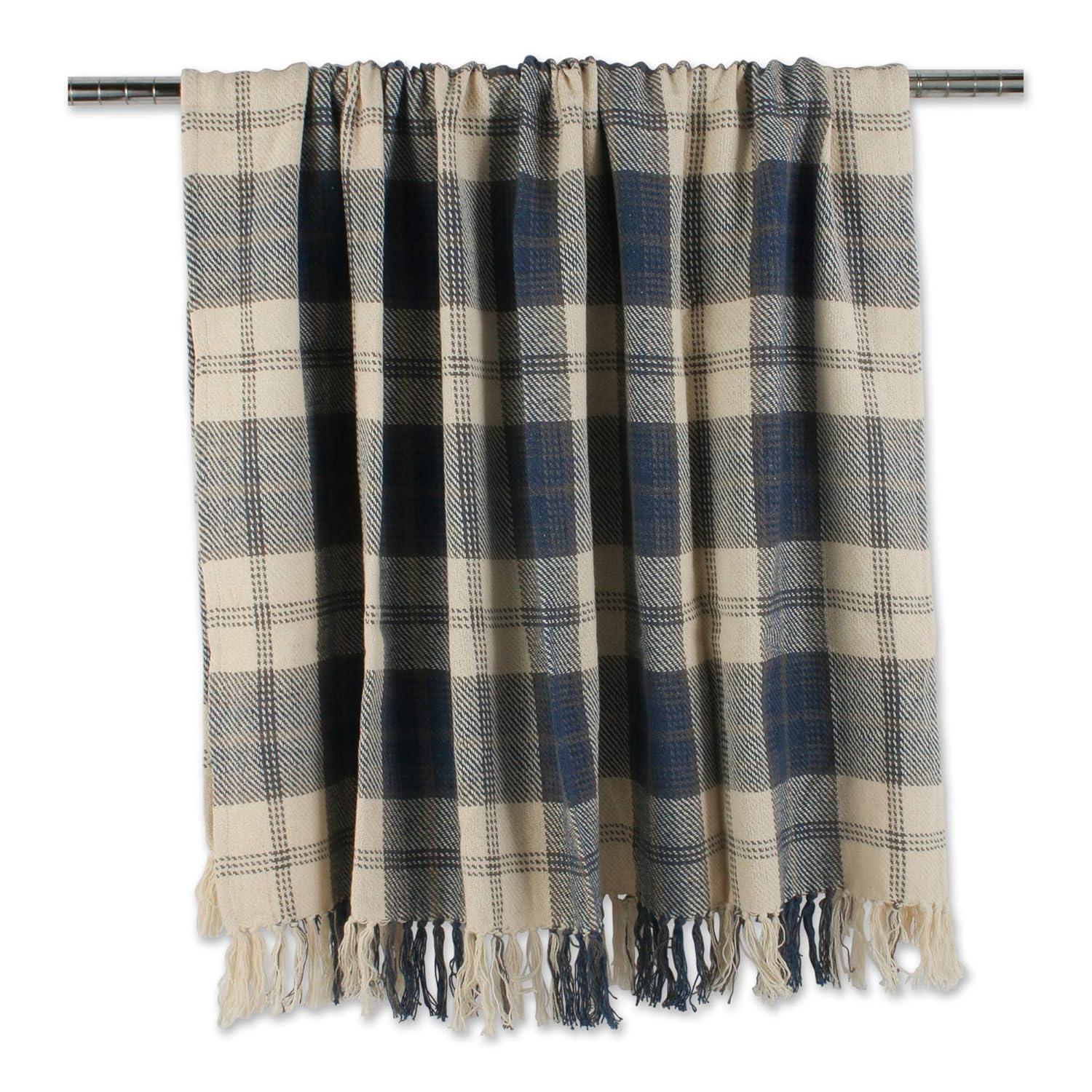 Farmhouse Beige and Blue Cotton Plaid Throw Blanket with Fringe