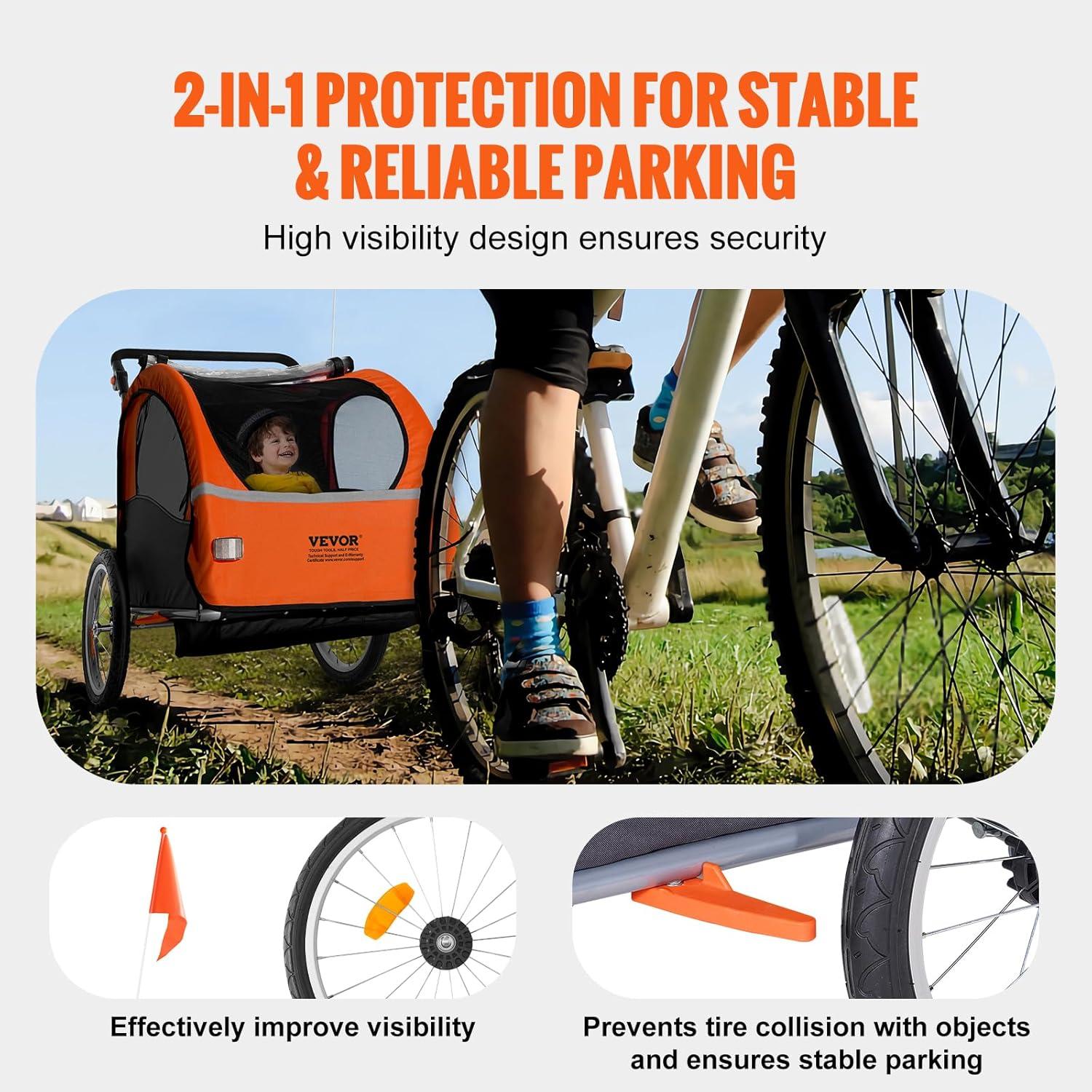 Orange and Black 2-Seat Steel Frame Bike Trailer with Canopy