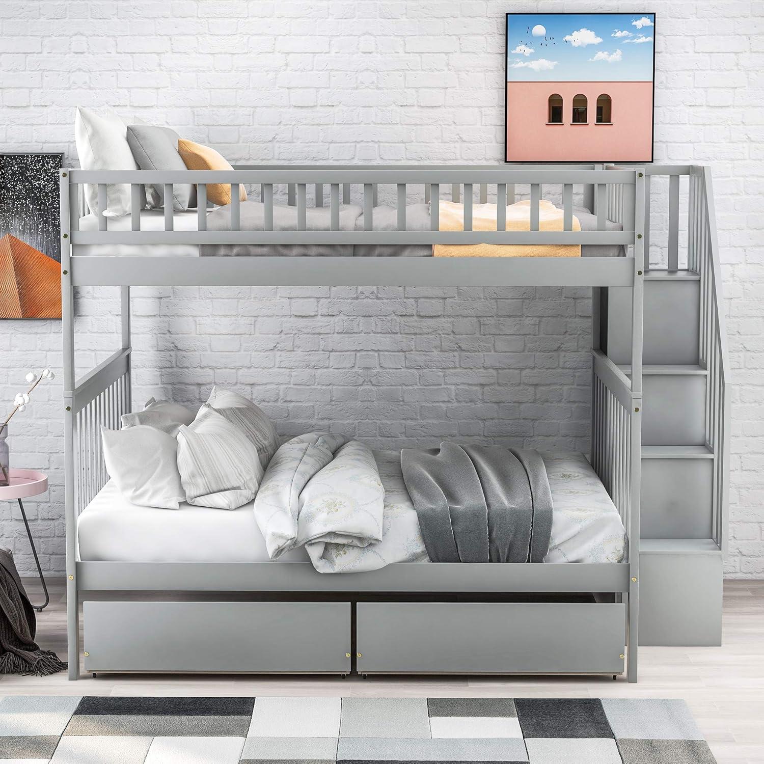 Full Over Full Bunk Beds with Drawers and Stairs Stairway Bunk Bed Frame with Storage Shelves for Kids Teens Adult, Wood Full Bunk Bed for Boys Girls Adults, Gray