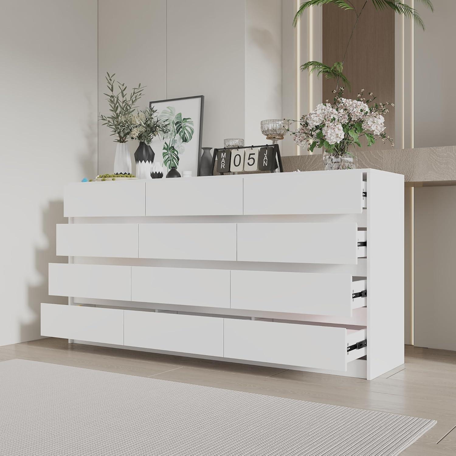 White Double Dresser with 12 Drawers, Modern Engineered Wood