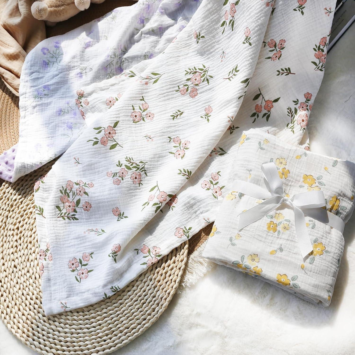 BOPRIO Muslin Baby Blankets for Girls Super Soft Nursery Minky Blankets with Breathable Muslin Cotton Front and 3D Touch Dotted Fleece Backing, Pink Floral Printed Bed Throws Newborn 30 x 40 Inch