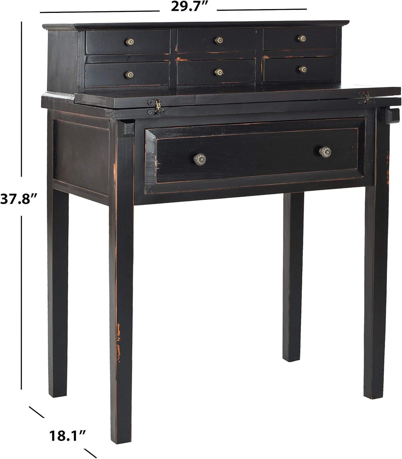 Transitional Black Wood Desk with 7 Drawers and Foldable Top