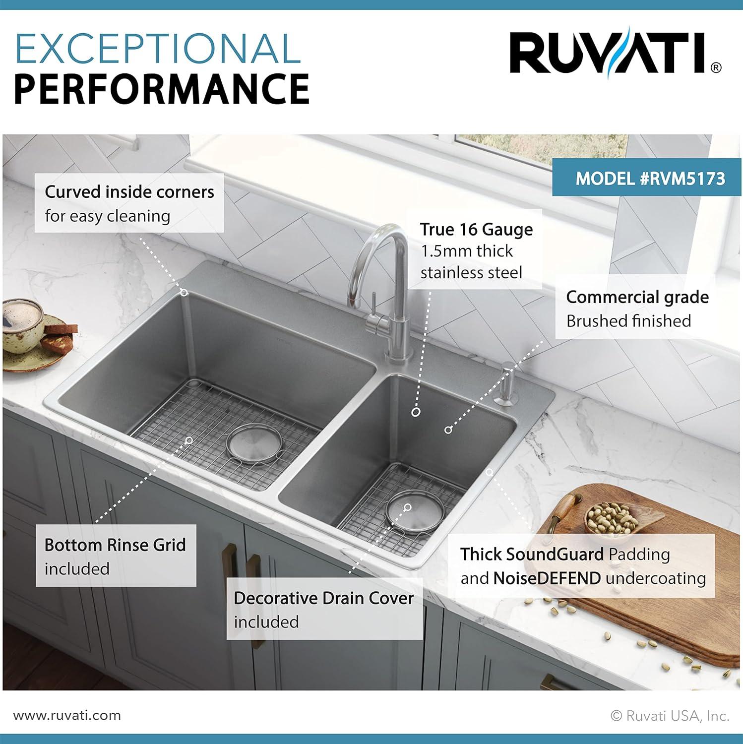 Ruvati 33 x 22 inch Drop-in Topmount Kitchen Sink 16 Gauge Stainless Steel 30/70 Double Bowl