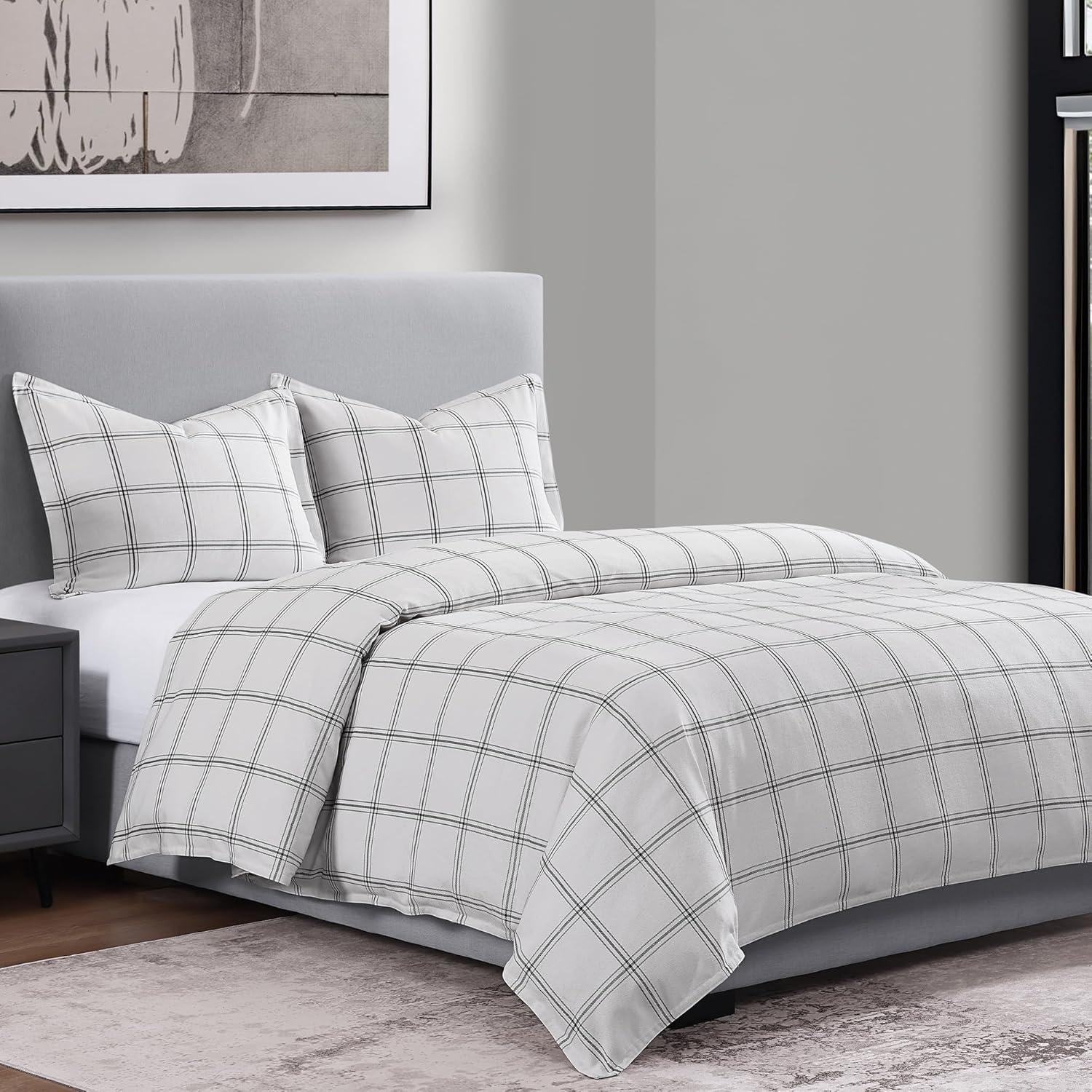 Full White Cotton Plaid Bedspread Set