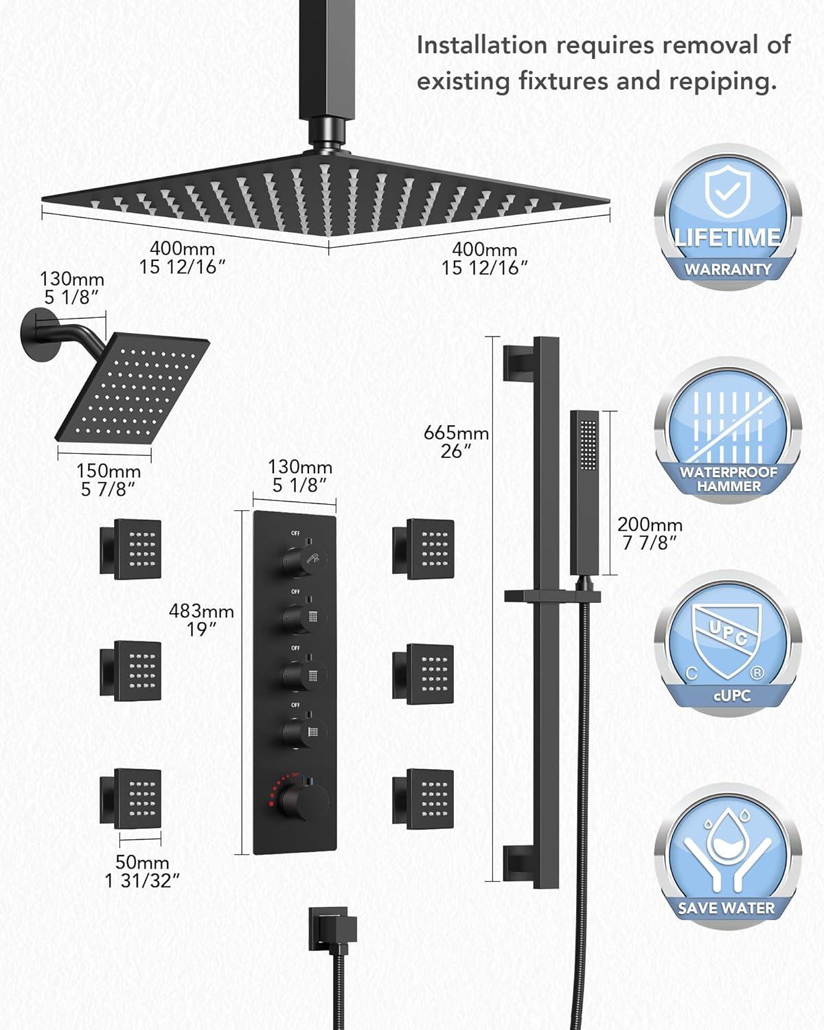 DualJetSpa 15-Spray Patterns 16" & 6" Dual Shower Head, Shower FaucetSystem with Thermostatic Rough-in Valve and Body Jets