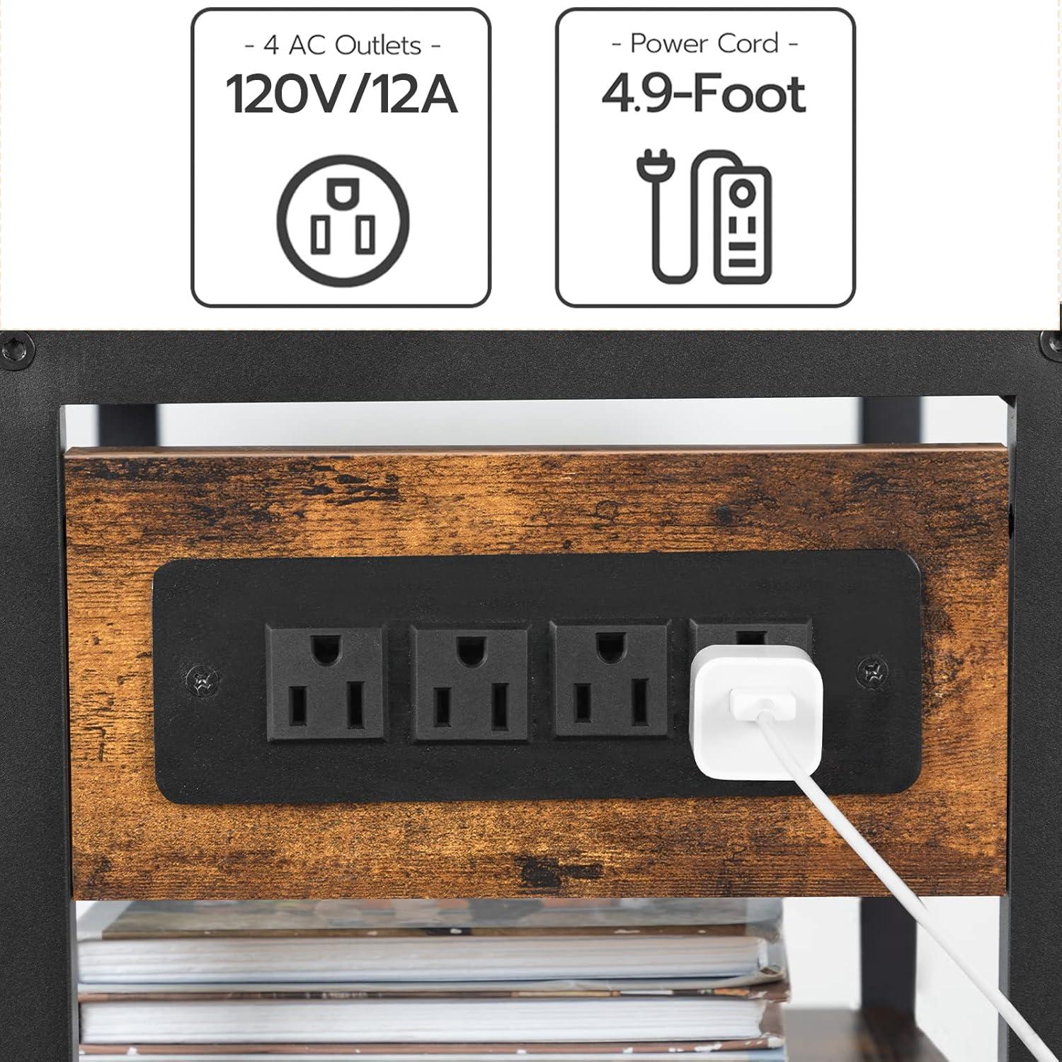 Rustic Brown and Black 3-Tier Industrial Printer Stand with Charging Station