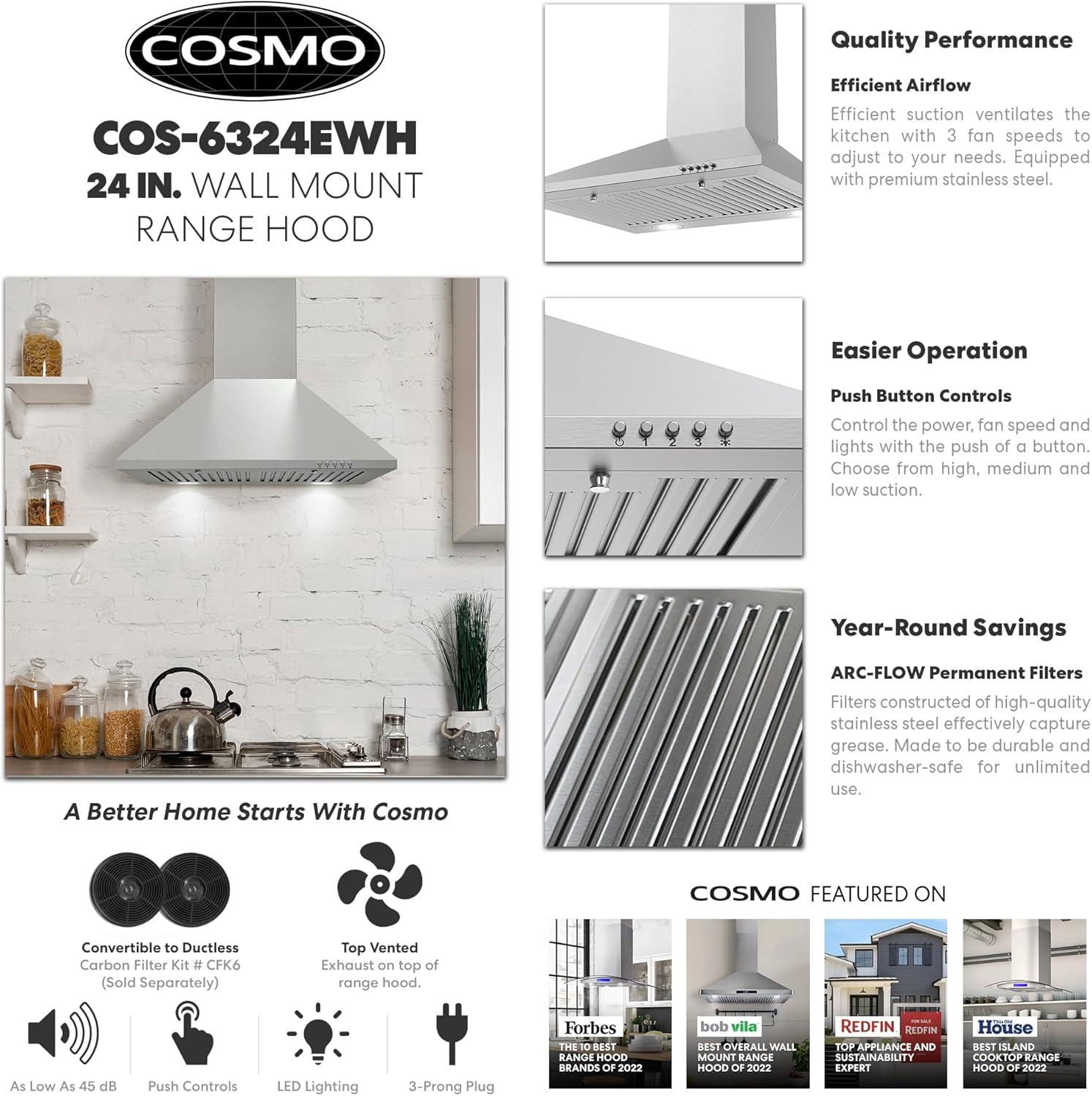 Cosmo COS-6324EWH 24 in. Ducted Wall Mount Range Hood in Stainless Steel with LED Lighting and Permanent Filters