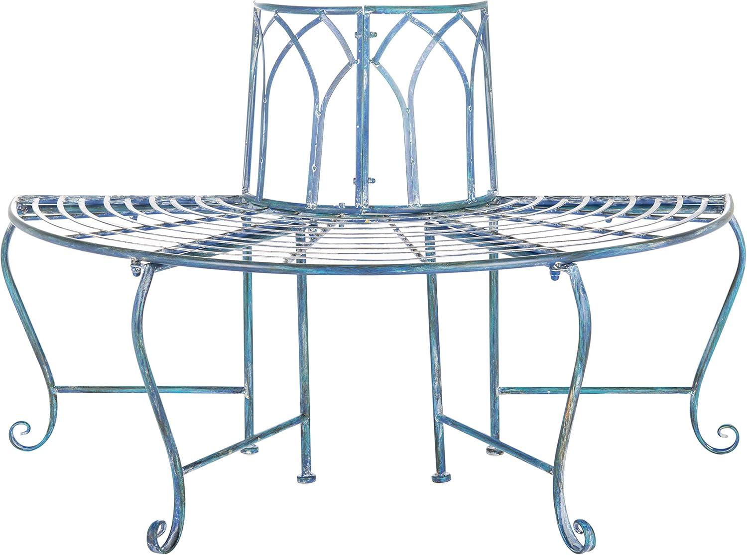 SAFAVIEH Abia Outdoor Patio Wrought Iron Semi Tree Bench, Antique Blue