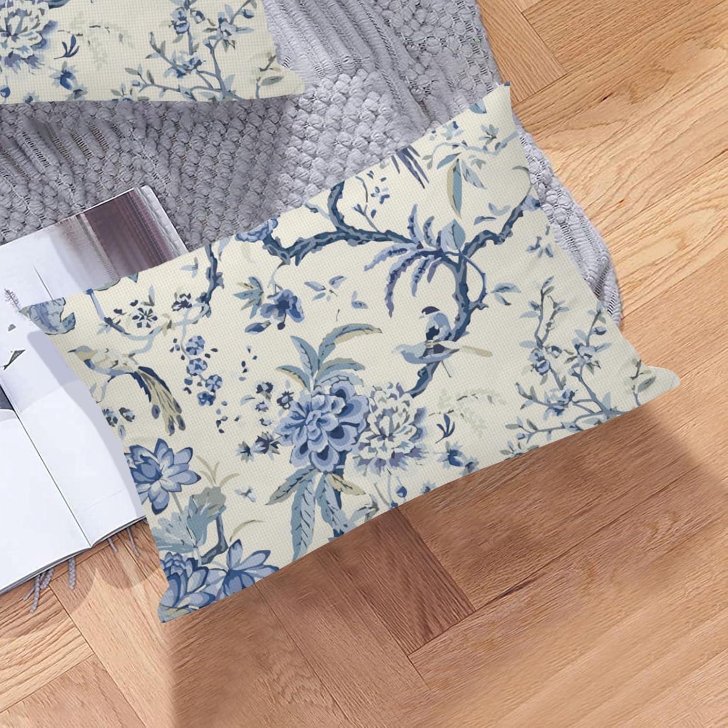 Chinoiserie Lumbar Pillow Covers 12 x 20 Set of 2 Birds Floral Linen Throw Pillow Cover Vintage White and Blue Farmhouse Decorative Pillowcases for Living Room Couch Bed Sofa Outdoor