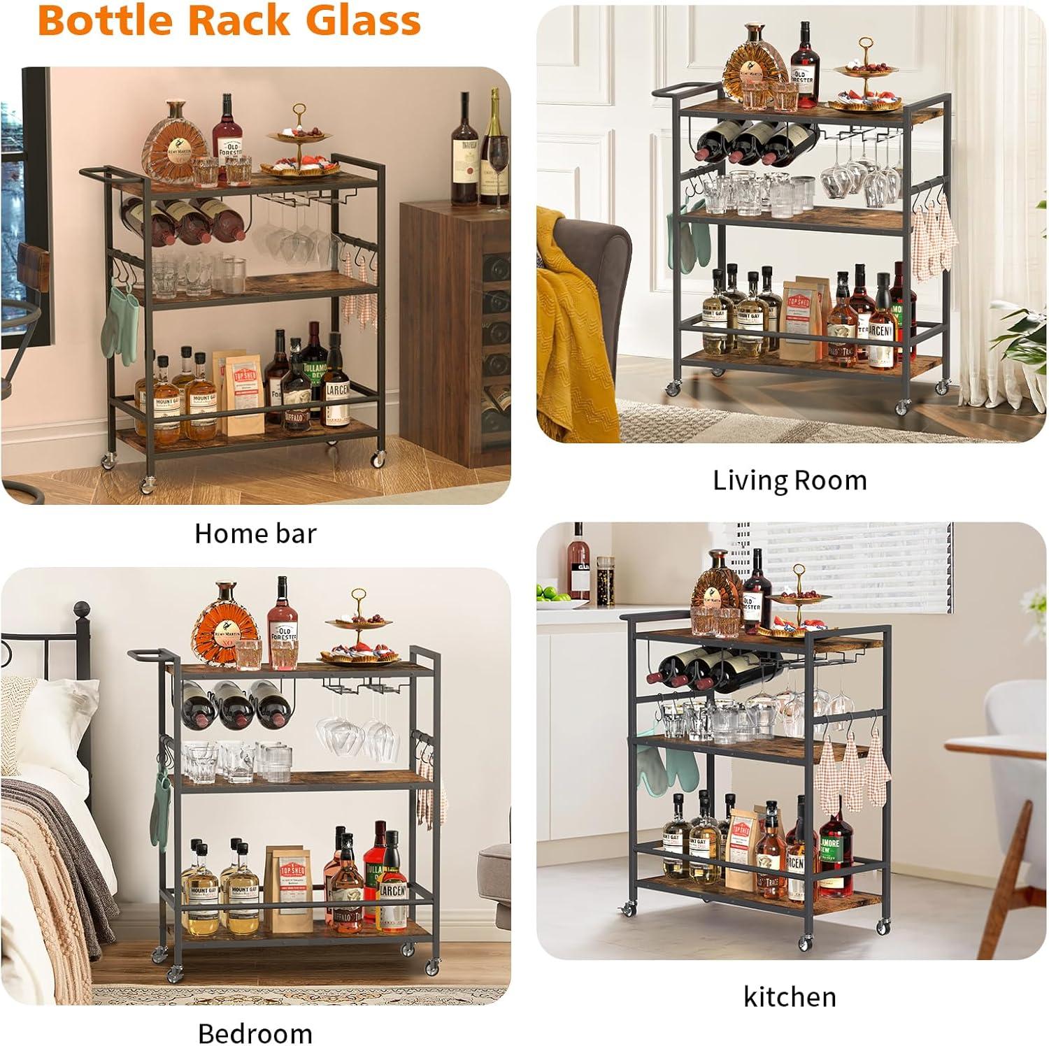 Bar Cart with Basket 3 Tiers Home Rolling Wine Rack with Wheels Mobile Kitchen Industrial Vintage Style Wood Metal Serving Trolley Serving Cart,Glass Holder Bar Cabinet