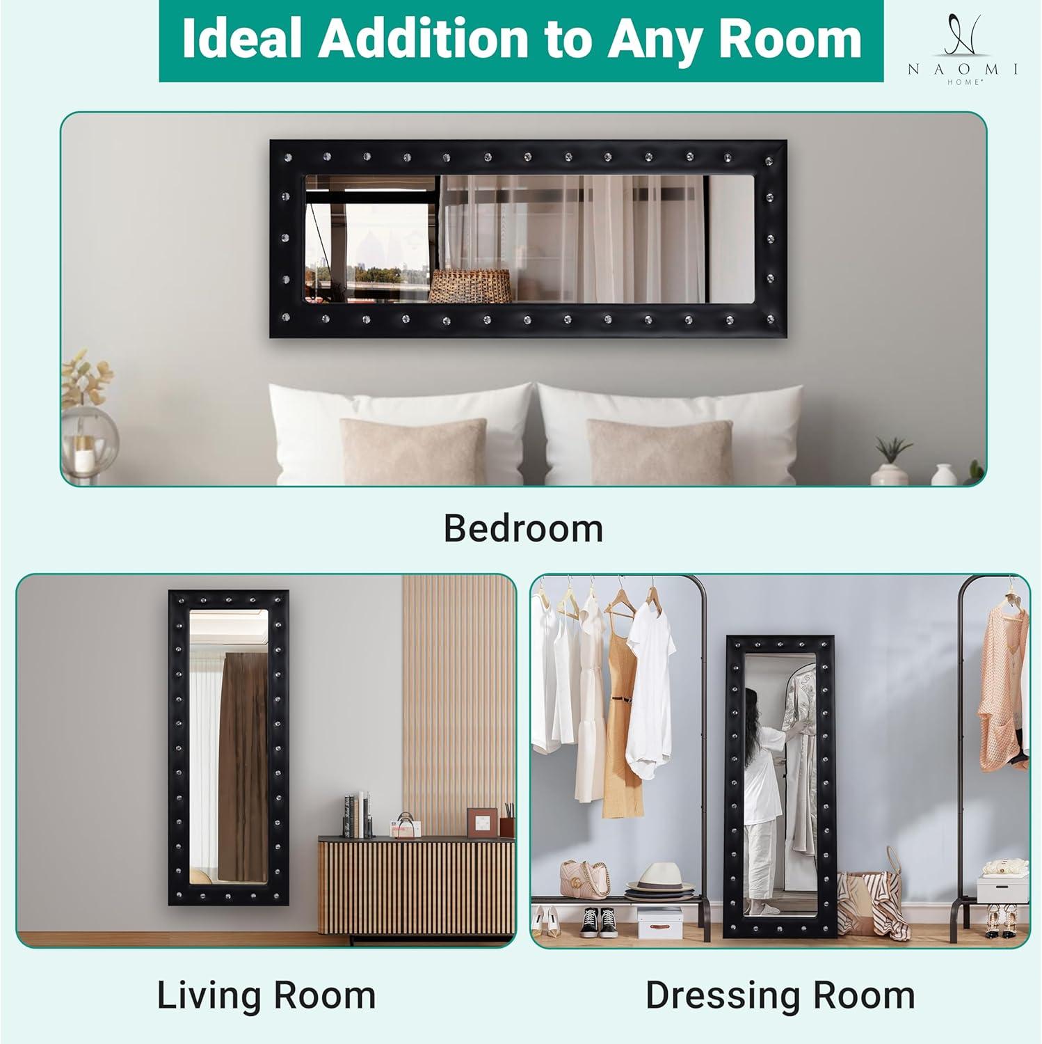 Crystal tufted Full length Mirror, Floor Mirror, Full Body Mirror for Home, Wall Mirror with Faux Wood Frame, 63"LX22"W Large Mirror for Bedroom, Leaner Mirror, Black Mirrors for Wall,