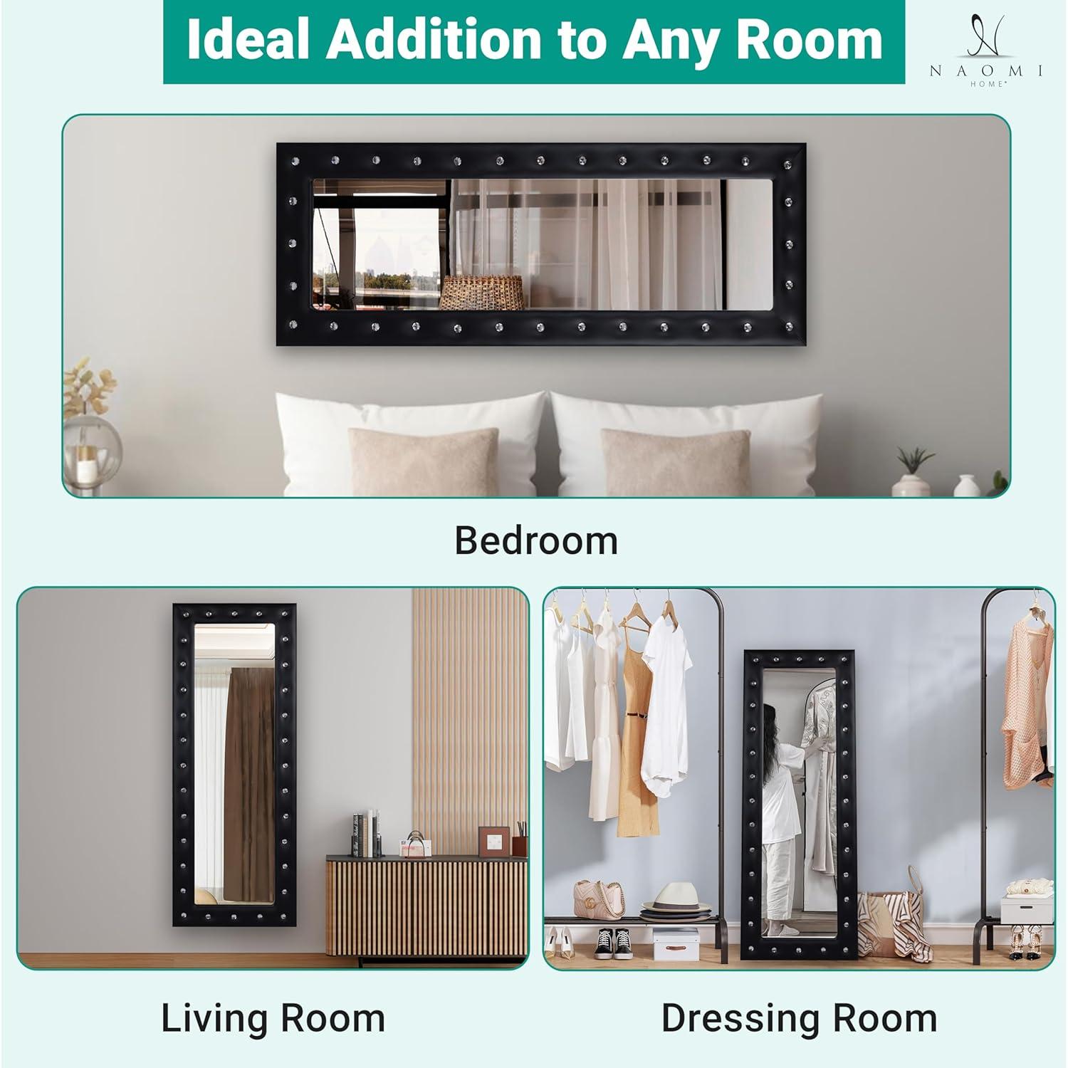 Crystal tufted Full length Mirror, Floor Mirror, Full Body Mirror for Home, Wall Mirror with Faux Wood Frame, 63"LX22"W Large Mirror for Bedroom, Leaner Mirror, Black Mirrors for Wall,
