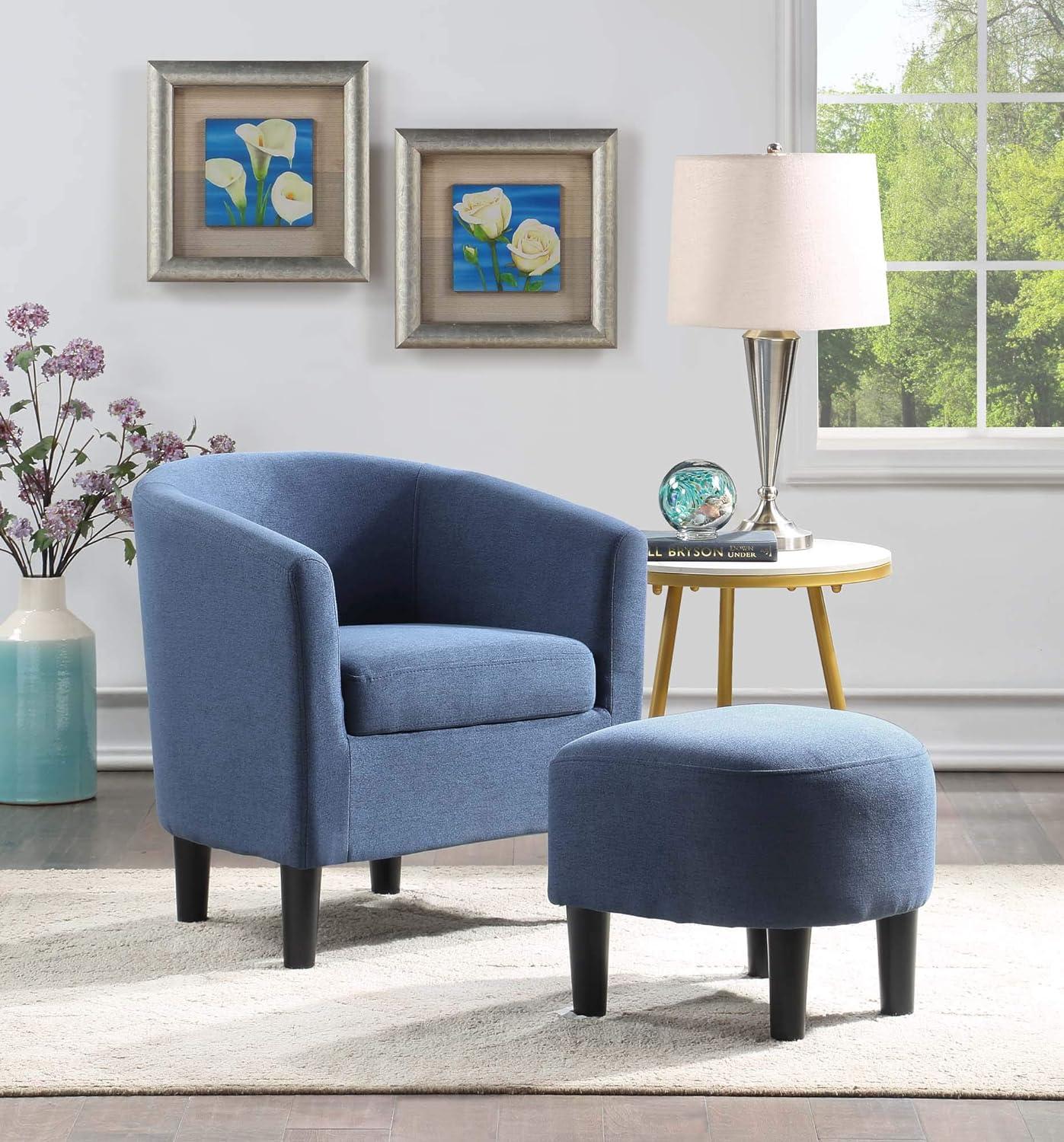 Blue Fabric Barrel Accent Chair with Ottoman