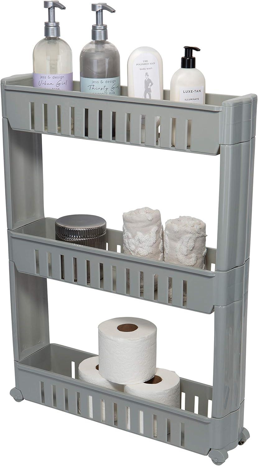 Simplify 3 Tier Slim Slide Out Plastic Storage Cart in Grey for Laundry Room or Closet