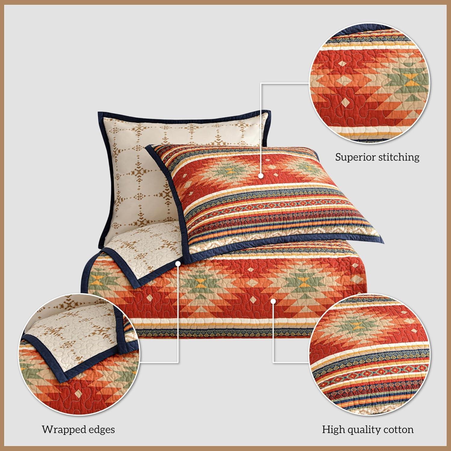 Paseo Road by HiEnd Accents Del Sol Red/Orange/Tan Aztec Print Cotton Southwestern Style Reversible Quilt Set
