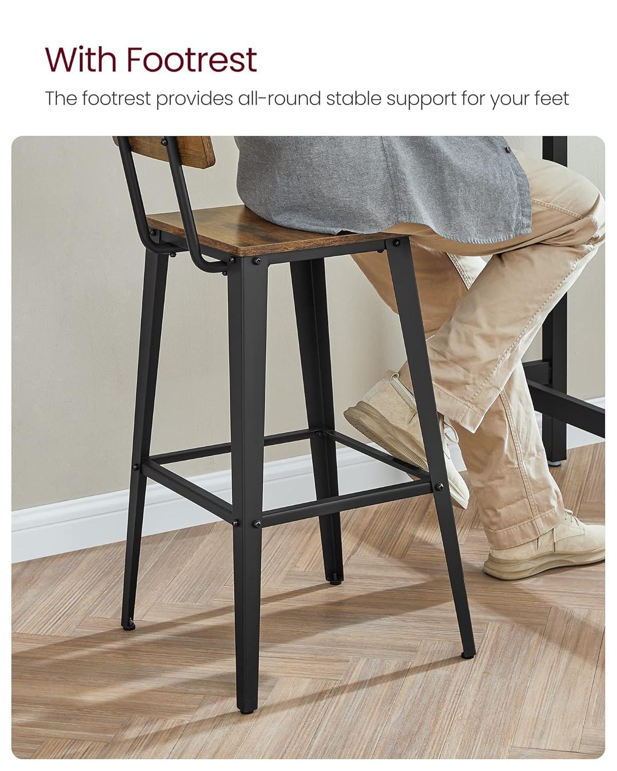 VASAGLE 2 Pack Bar Stools, Bar Height Stools, Tall Bar Stools with Back, Rustic Brown and Black