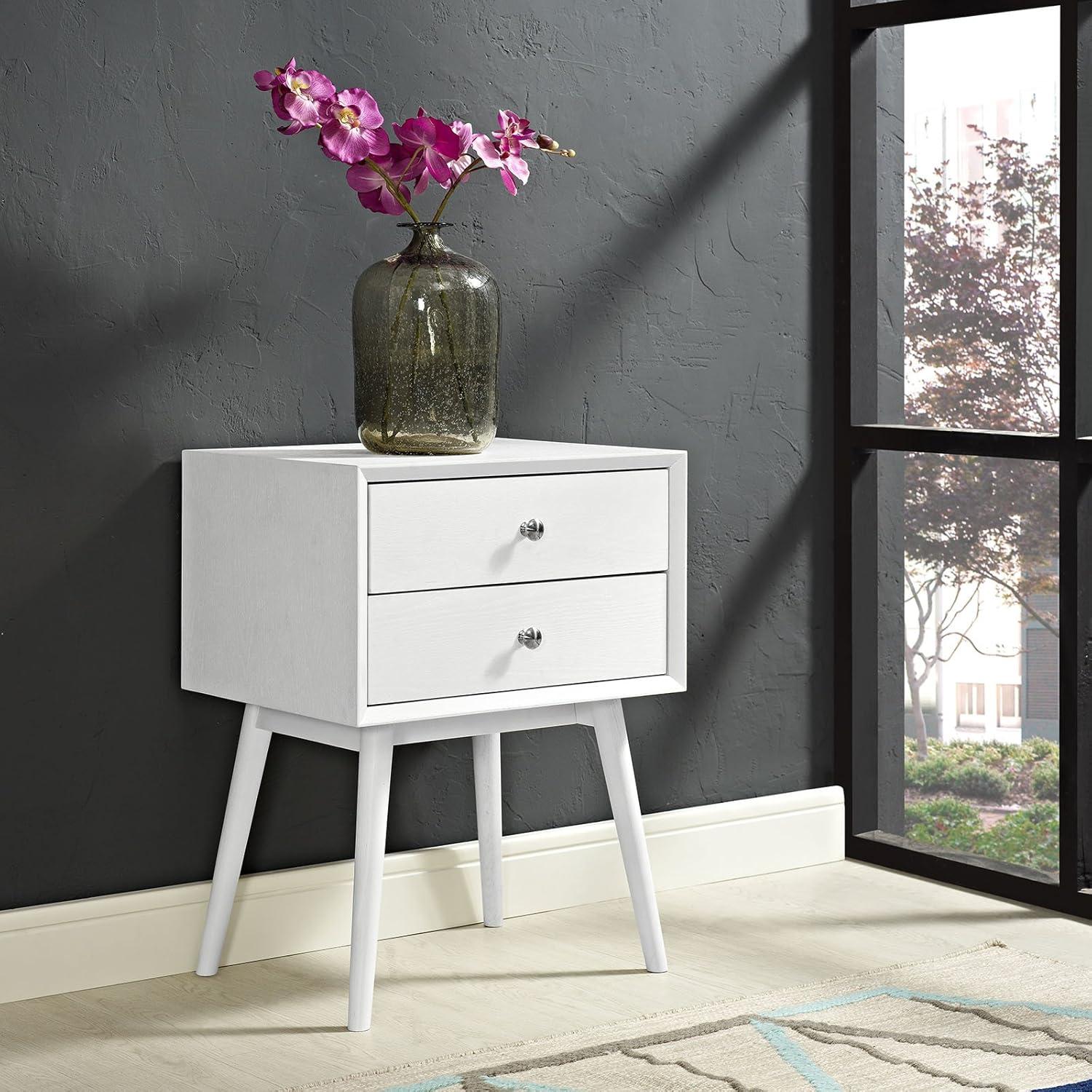 Walnut Mid-Century Modern 2-Drawer Nightstand with Metal Knob Handles
