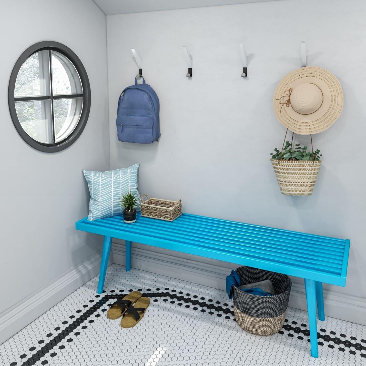 Teal Mid-Century Modern Pine and Birch Entryway Bench