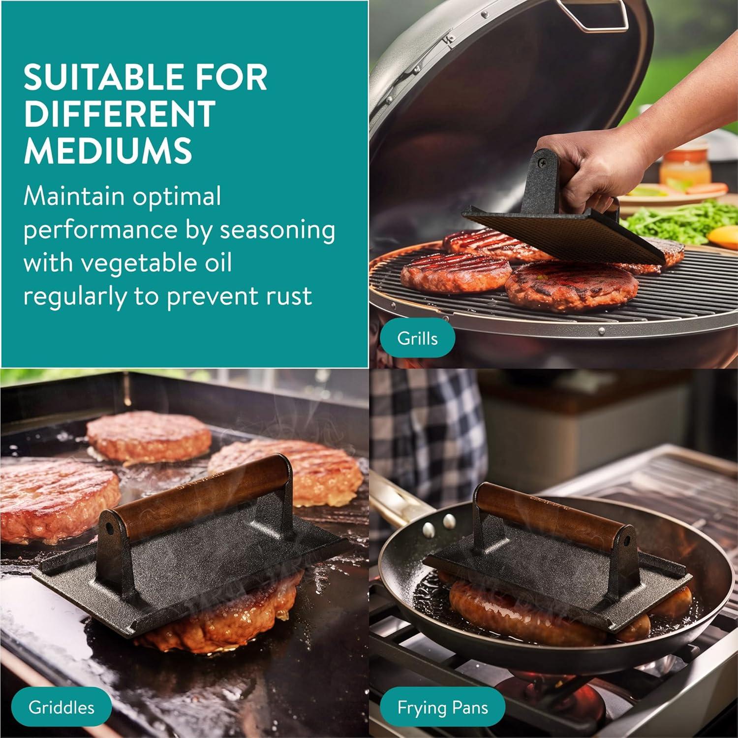 Navaris Cast Iron Round Burger Smasher - Food Grade Smash Burger Press with Wooden Handle - Grill BBQ Meat Patty Maker - Chef Press Burger Weight