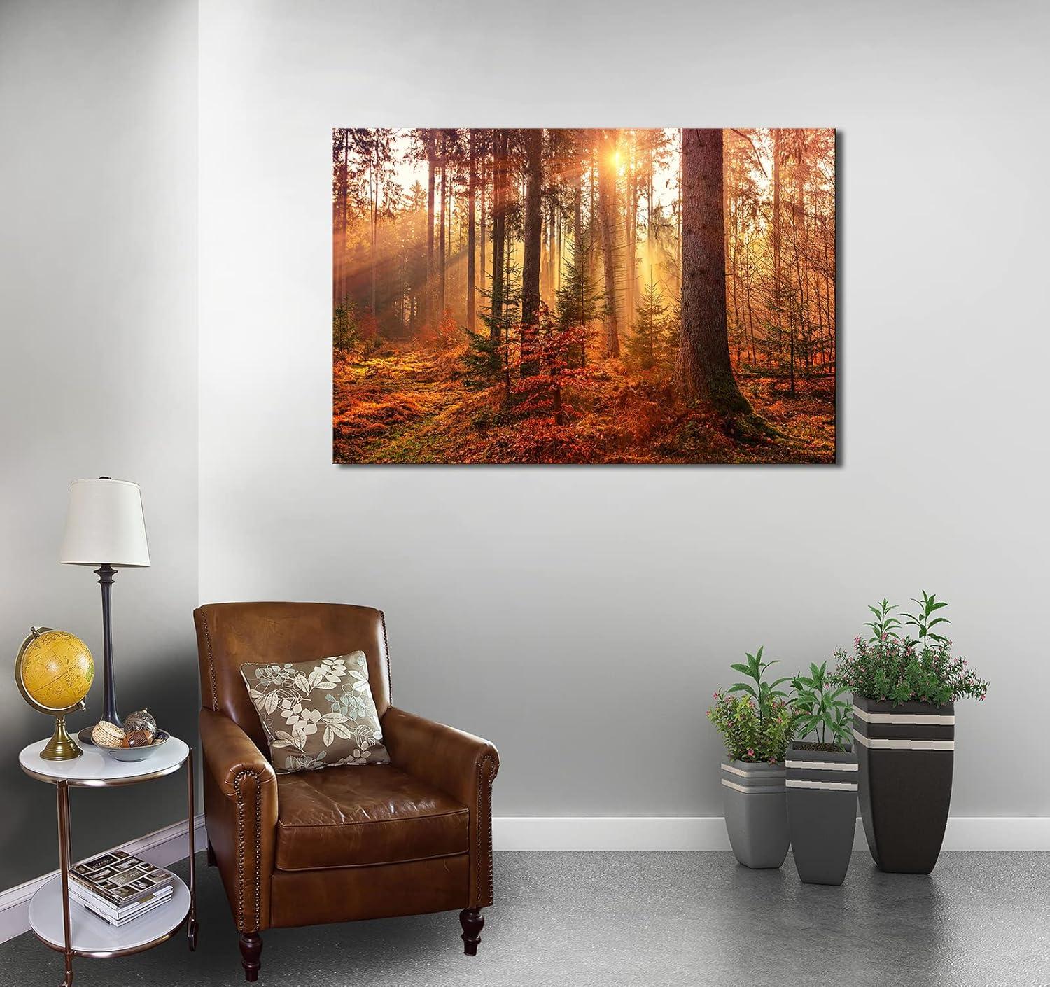 Shadudu Mystery Forest Light Wall Art, Nature Landscape Pictures Canvas Prints Wall Decor, Autumn Trees Paintings Hang for Office Bedroom, Bathroom, Living Room for Home Decoration 36x24in