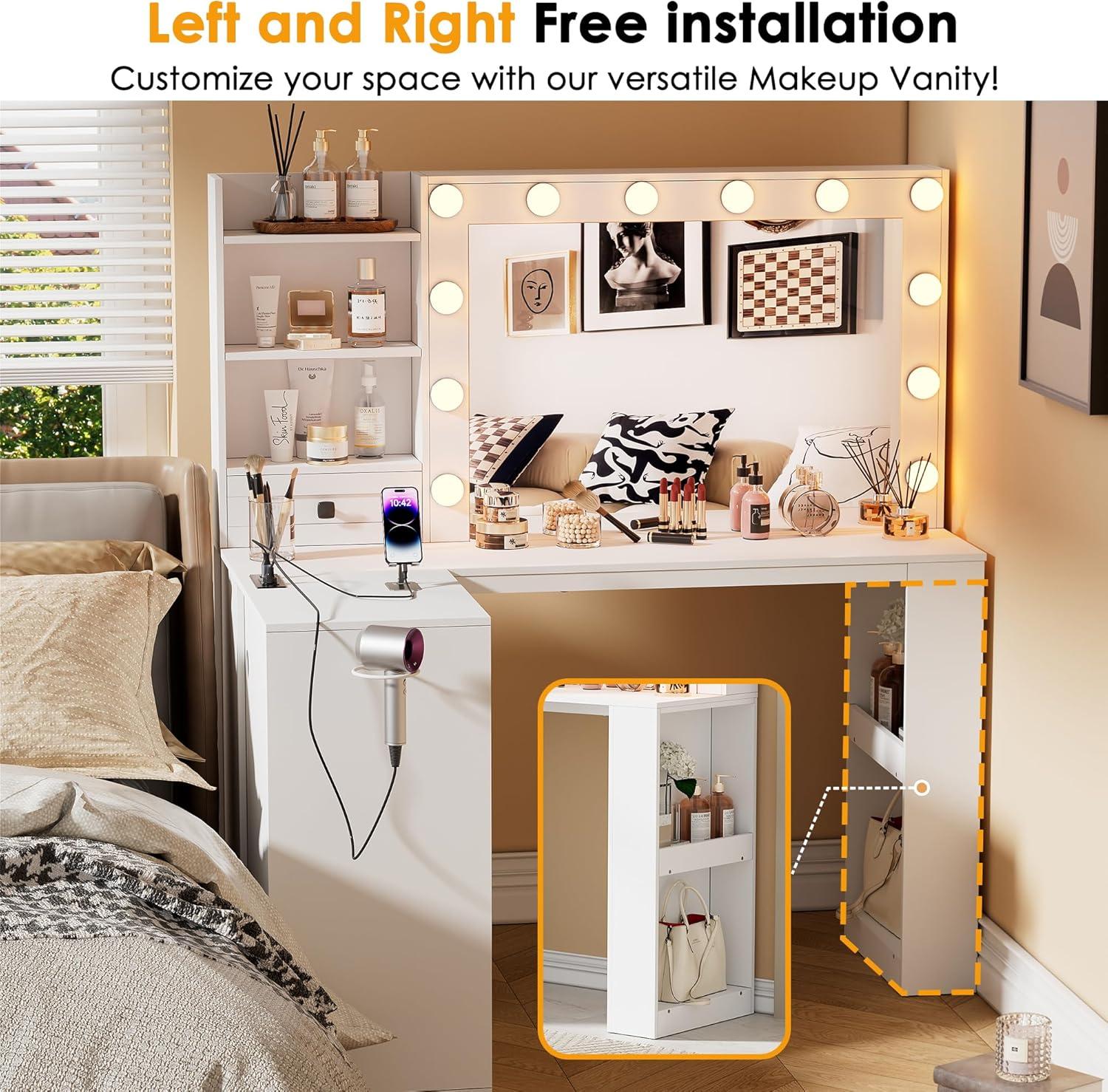 PAKASEPT Vanity Desk with Mirror and Lights, Corner Makeup Table with 3 Color Lighting, White Vanity with Power Strip & Hooks, Hidden and Open Shelves, Adjustable Brightness, 47.2 Inch