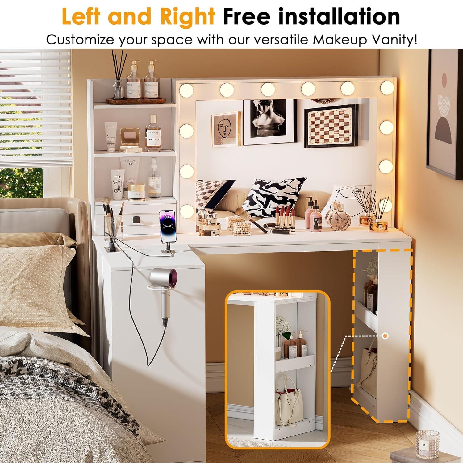 PAKASEPT Vanity Desk with Mirror and Lights, Corner Makeup Table with 3 Color Lighting, White Vanity with Power Strip & Hooks, Hidden and Open Shelves, Adjustable Brightness, 47.2 Inch