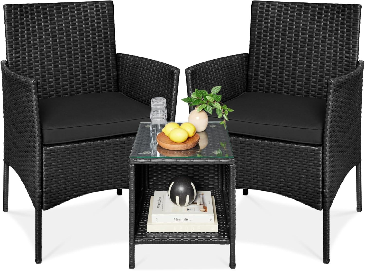 Best Choice Products 3-Piece Outdoor Wicker Conversation Patio Bistro Set, w/ 2 Chairs, Table - Natural/Ivory