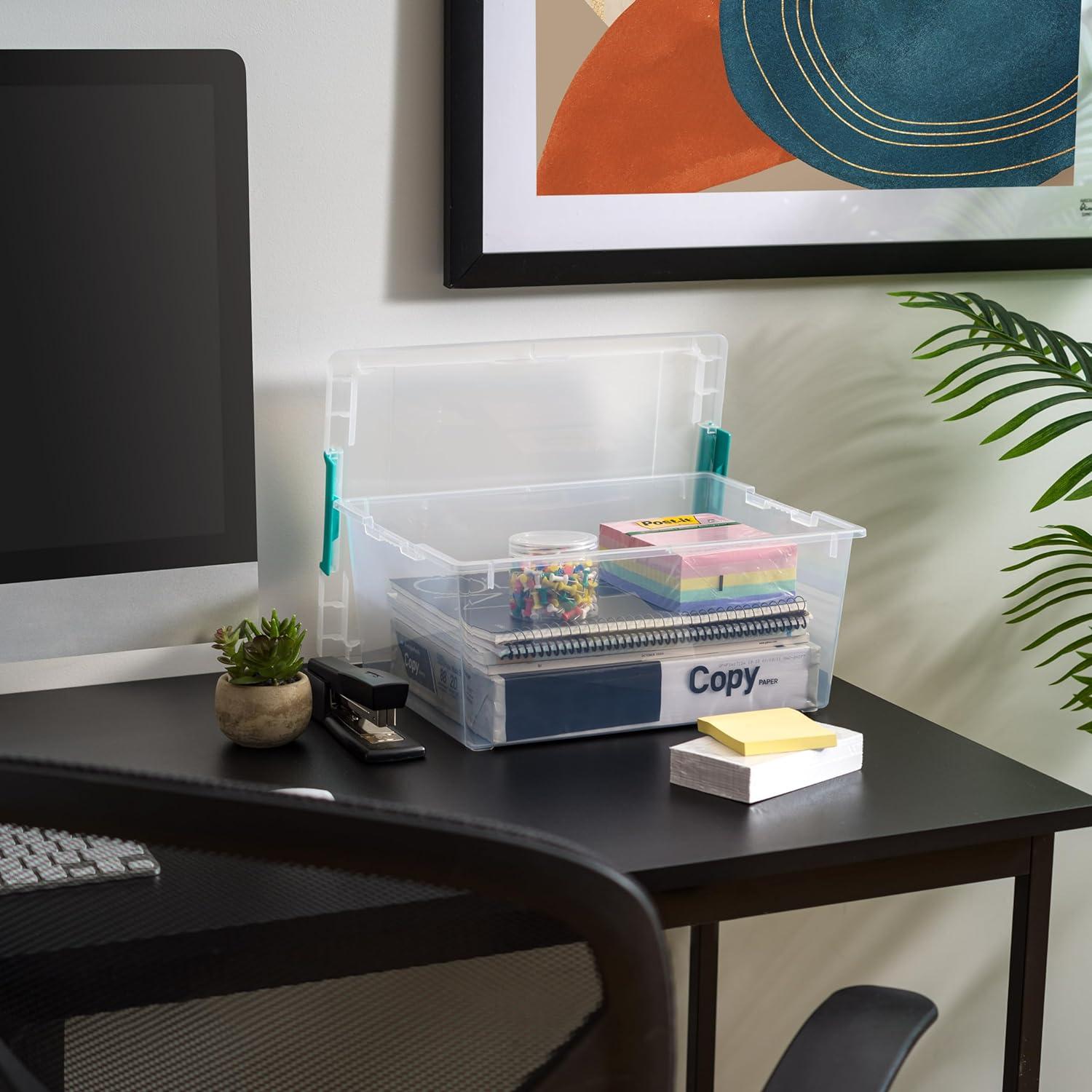 IRIS USA 12 Qt. Large Deep Clip Box, 4 Pack, Clear Plastic Storage Container Bins with Latching Lids, Seafoam Blue Buckles