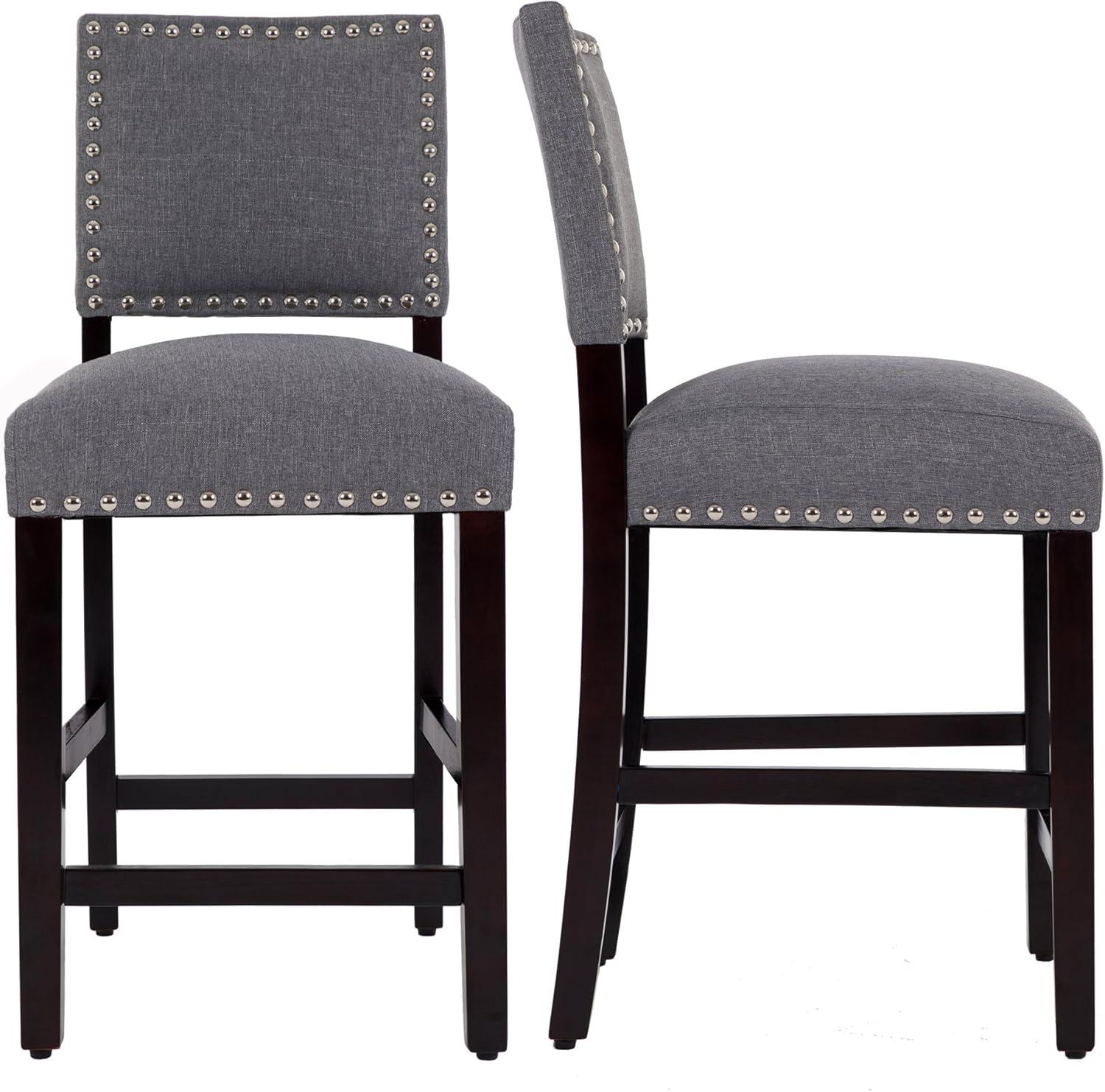DAGONHIL 24 inch Bar Stools Set of 2, Counter Height Stools, Fabric Upholstered Barstools with Back and Wood Leg, Armless Dining Chairs with Silver Copper Nail for Kitchen Island Pub Living Room(Gray)