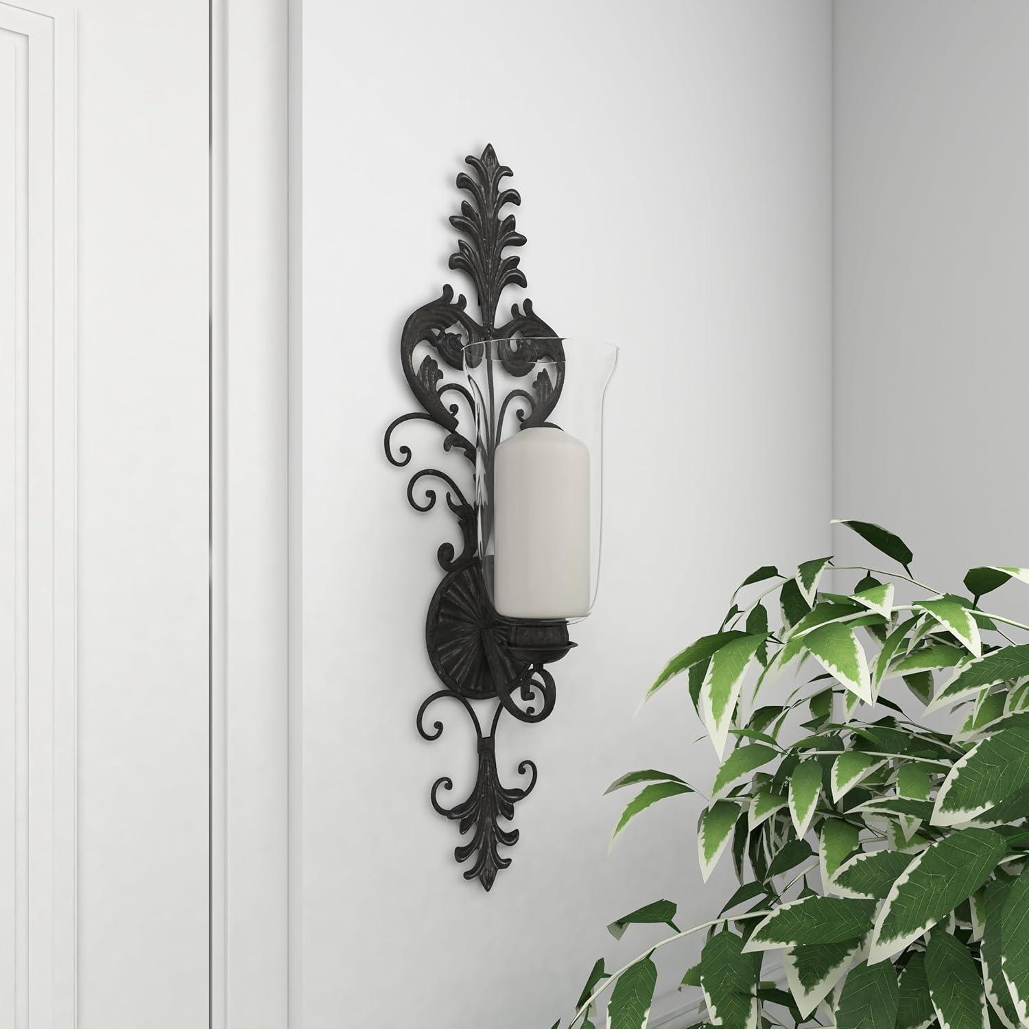 DecMode Bronze Glass Wall Sconce with Scroll Designs