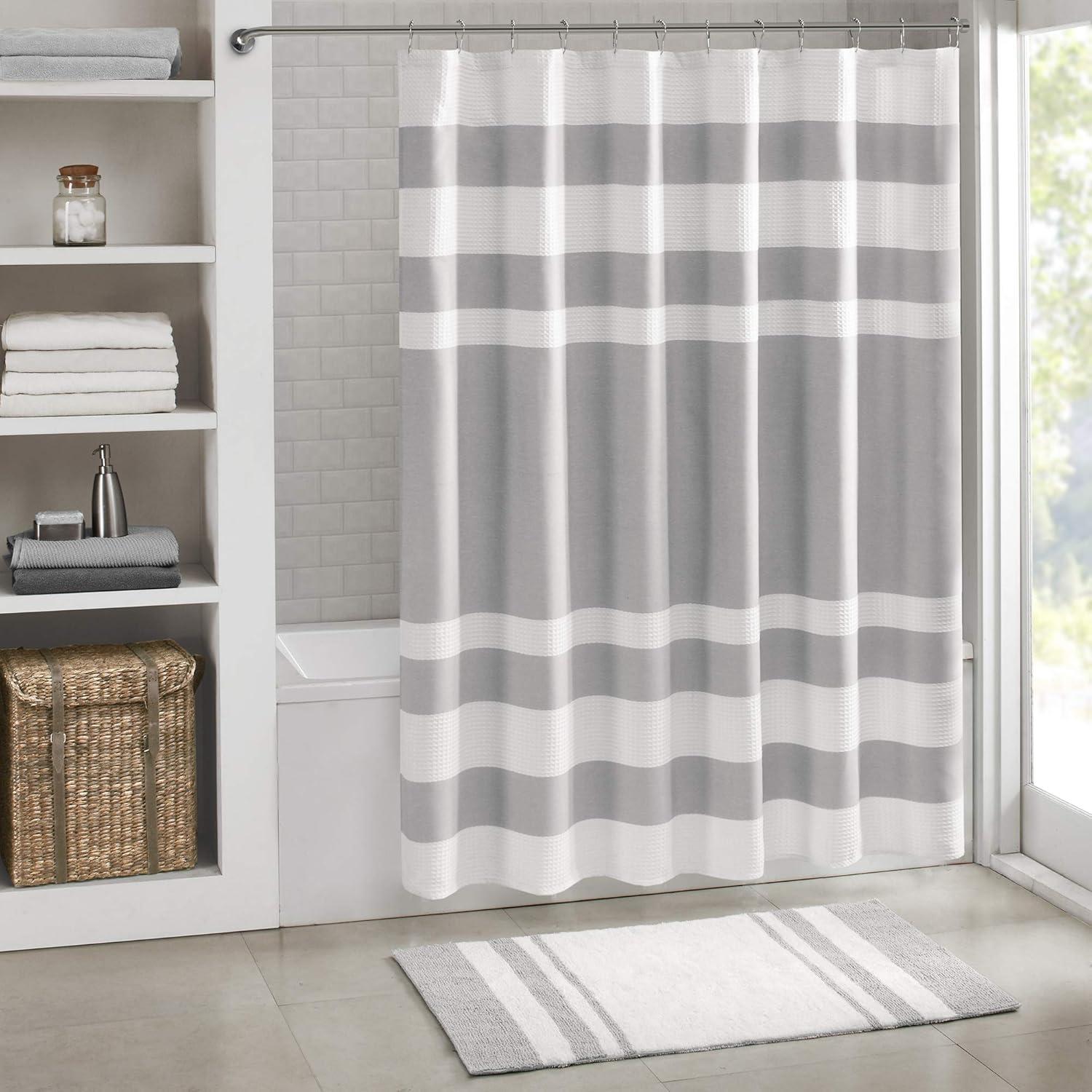 Gray and White Waffle Weave Fabric Shower Curtain