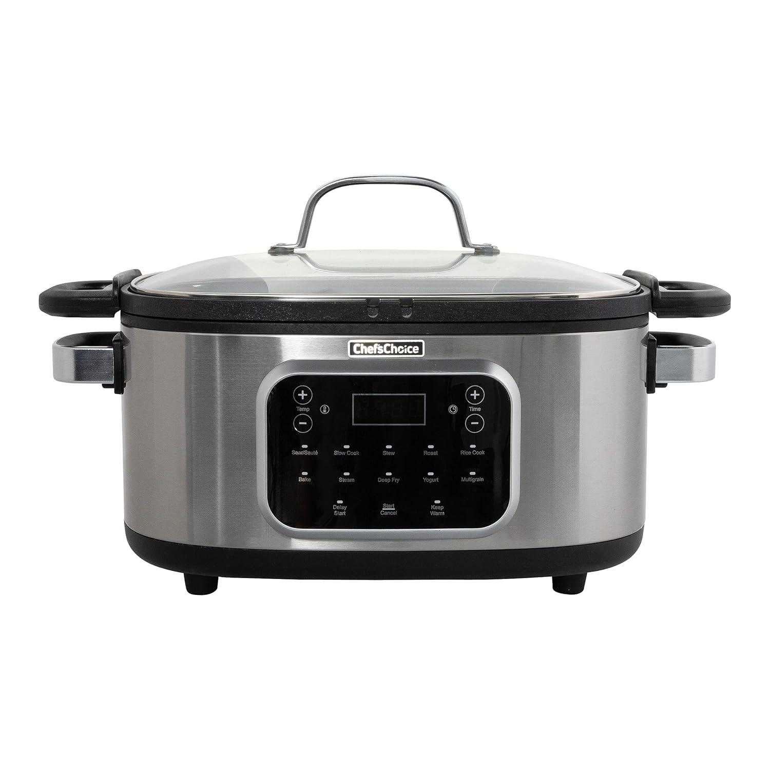 Chef'sChoice Multicooker, Large 6-Quart Capacity Multipurpose Non-Stick Vessel and Variable Temperature Control with Keep Warm and 12 Cooking Presets, 1300-Watts, Stainless Steel