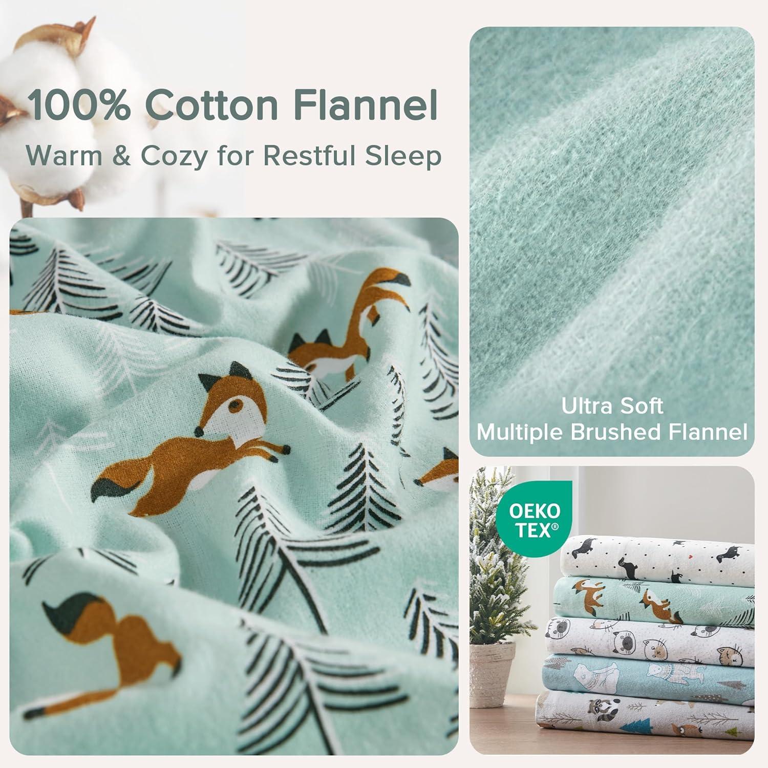 Comfort Spaces Sábanas de Franela Tamaño Queen con Bolsillo, 100% Algodón, Novalty Seafoam Foxes, Juegos de Sábanas Tamaño Queen, 4 Piezas