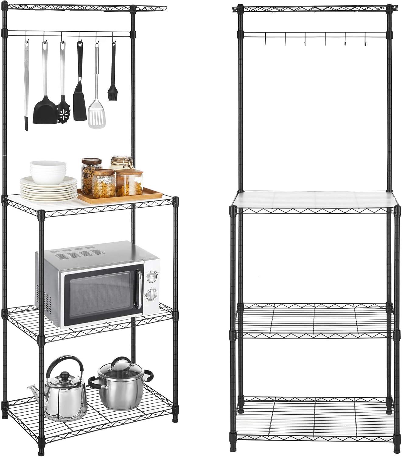 SONGMICS Baker’s Rack Adjustable Microwave Stand Kitchen Storage Rack with 4 Shelves 6 Hooks for Pots Pans Spice Bottles in The Kitchen Apartment Studio Black