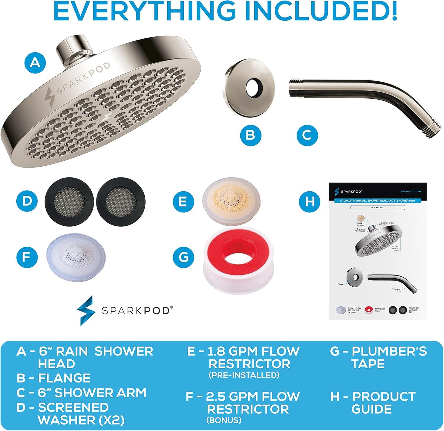 SparkPod 6" Rain Shower Head with 6" Shower Arm - High Pressure Rain - Luxury Modern Look - No Hassle Tool-less 1-Min Installation - Water Saving Shower Head - Luxury Spa Experience (Egyptian Gold)