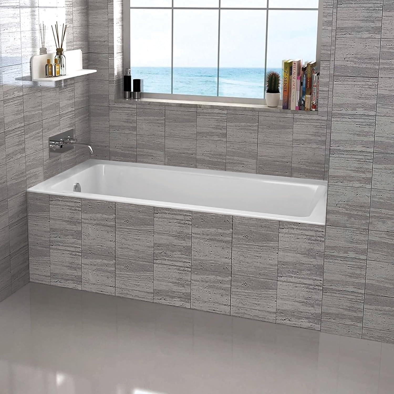 Glossy White Acrylic Rectangular Drop-In Alcove Bathtub