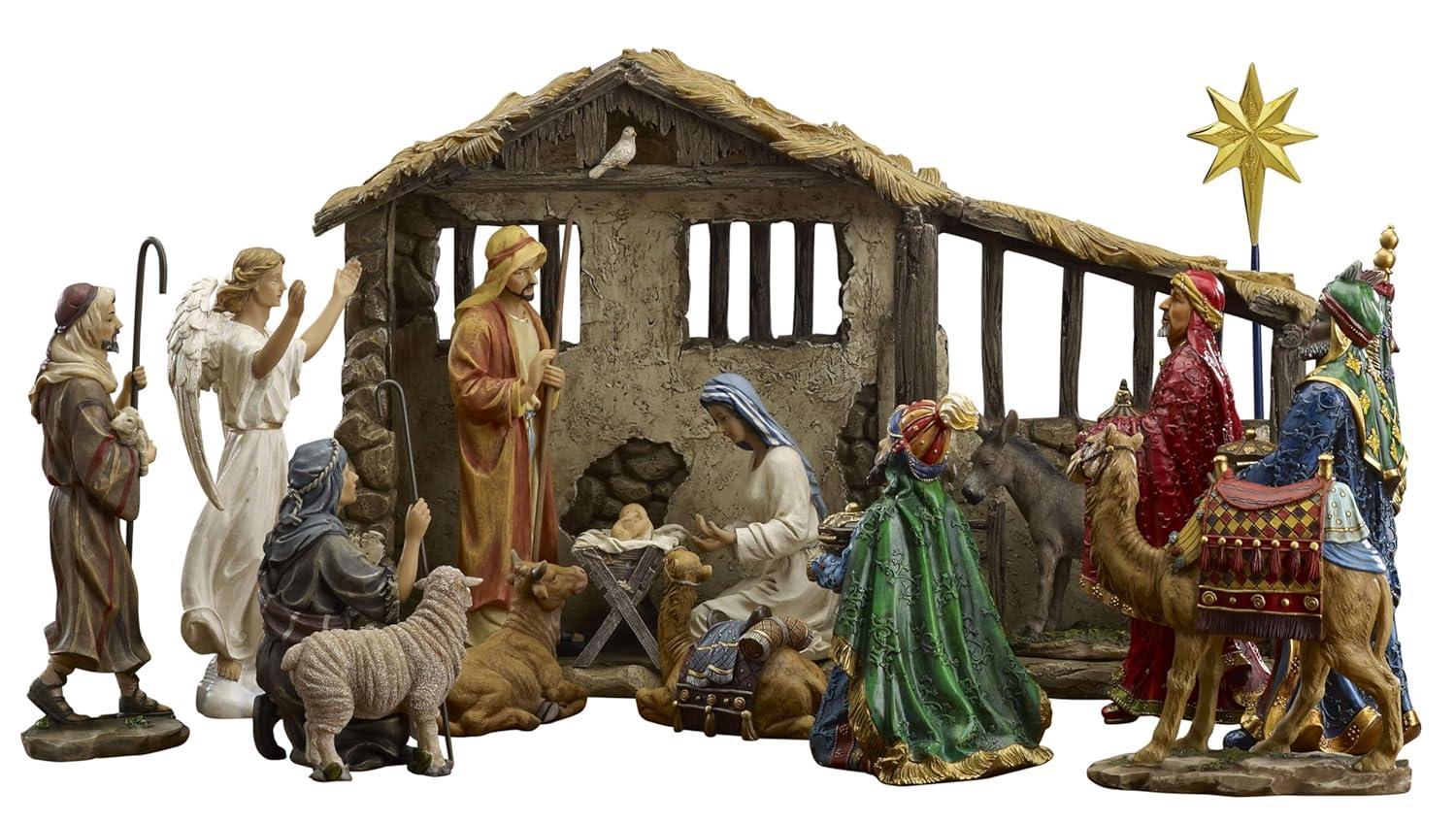 Deluxe Edition 16 Piece 10 Inch Christmas Nativity Set with Real Frankincense Gold and Myrrh.