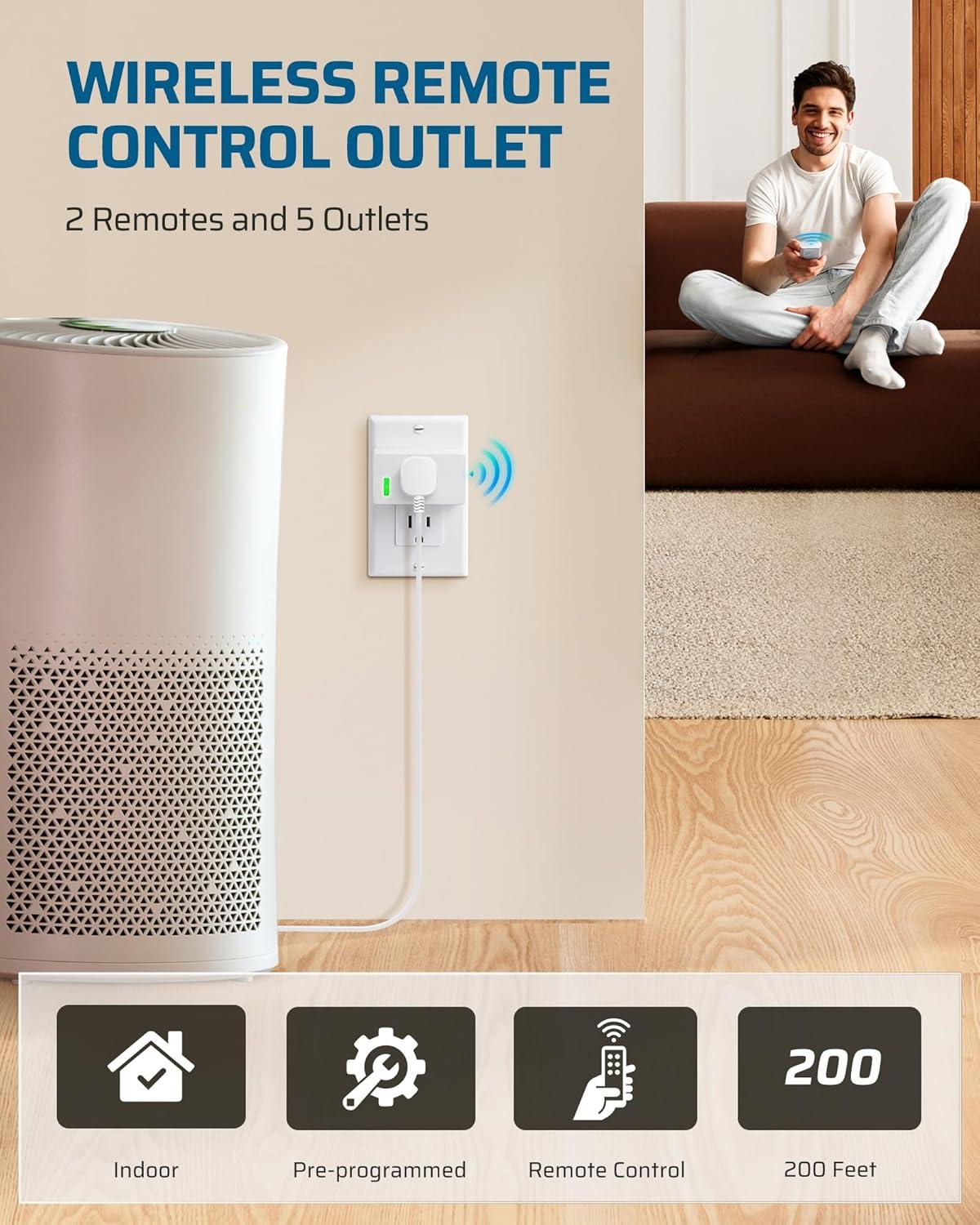 DEWENWILS Remote Control Outlet, Remote Control Outlet Plug 200FT Range, Indoor Wireless Remote Outlet Switch for Lamps, Fans, Christmas Lights, 15A/1800W，FCC & ETL Listed (5 Outlets + 2 Remotes)