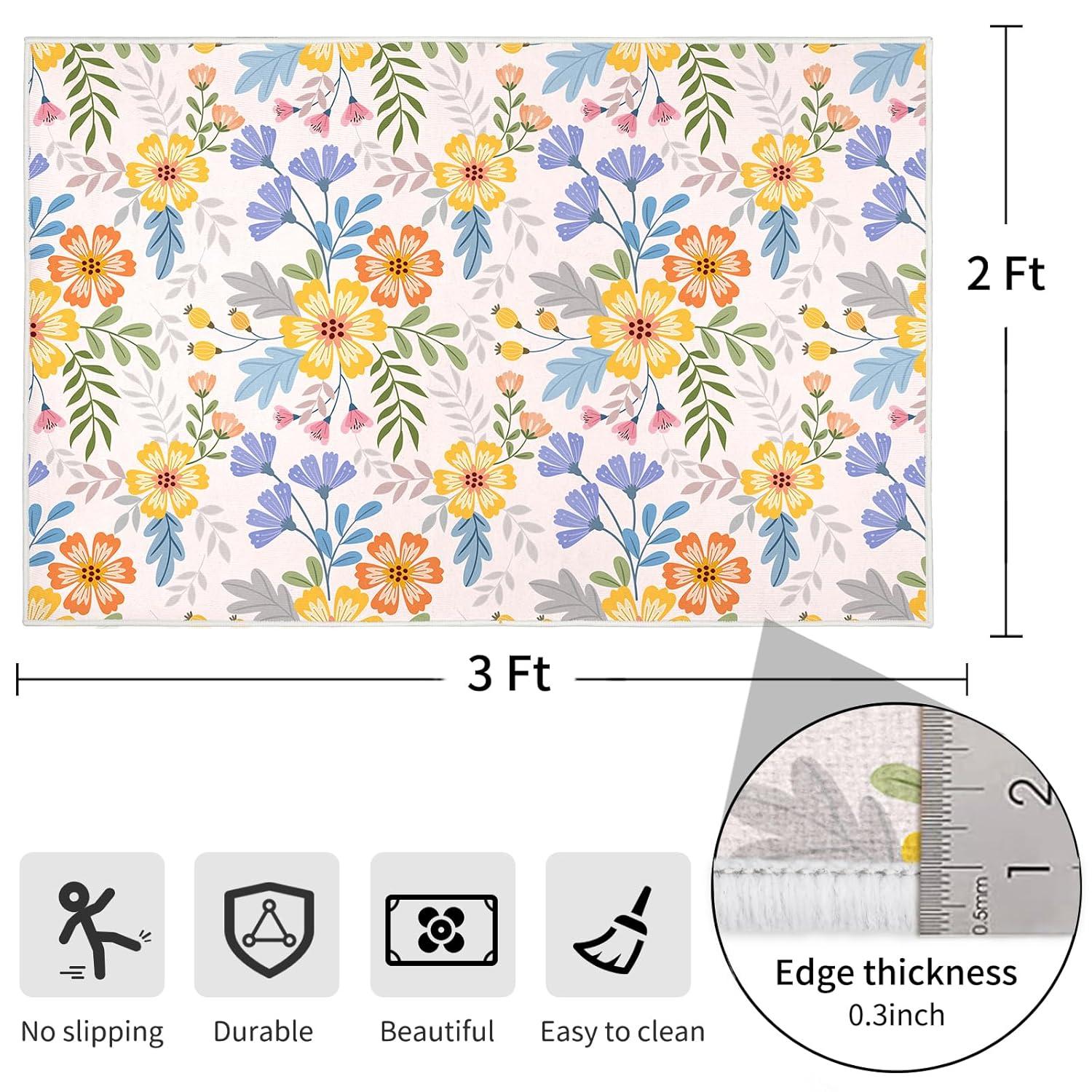 Boho Floral Small Area Rug Entryway Rug Doormat 2x3 Rug Machine Washable Non-Slip Low Pile Throw Rugs for Indoor Front Entryway, Kitchen, Bathroom, Entry,Kids Room-Purple