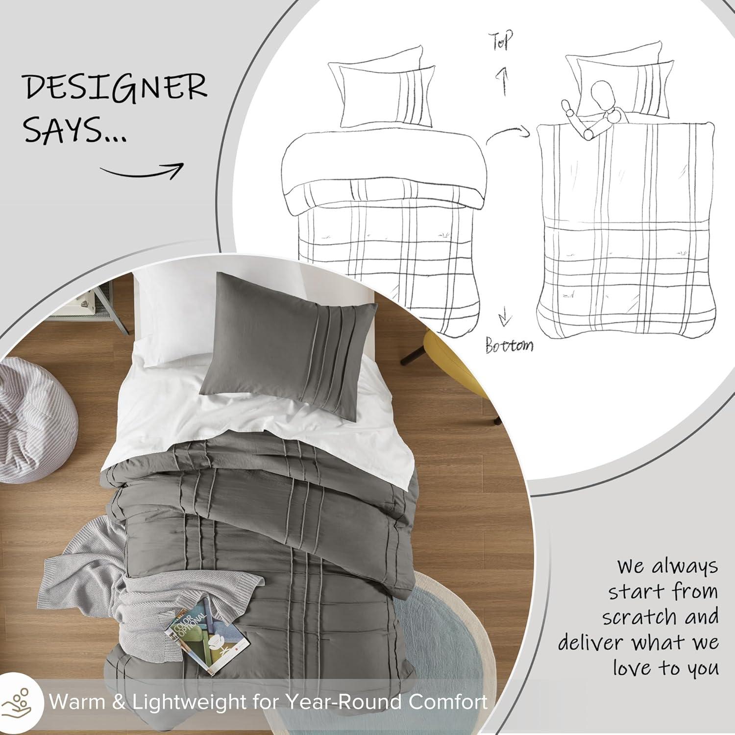 Regency Heights Twin/Twin XL Comforter Set, Boho 2-Piece Pintuck Stitching Dorm Bedding Set, Soft Washed Pleated Bed Sets with Pillow Sham Grey