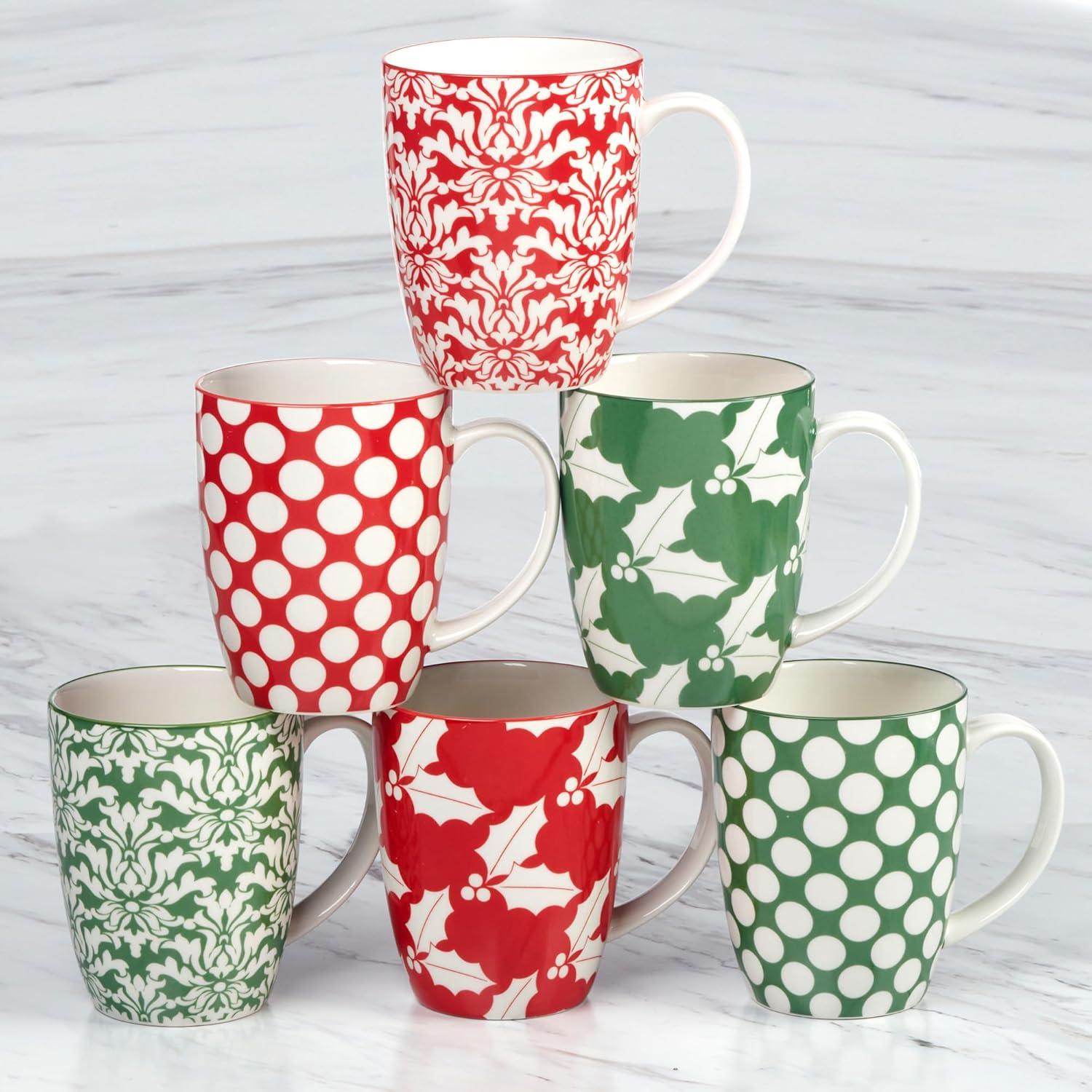 Holiday Red and Green Ceramic 14 oz Beverage Mugs, Set of 6