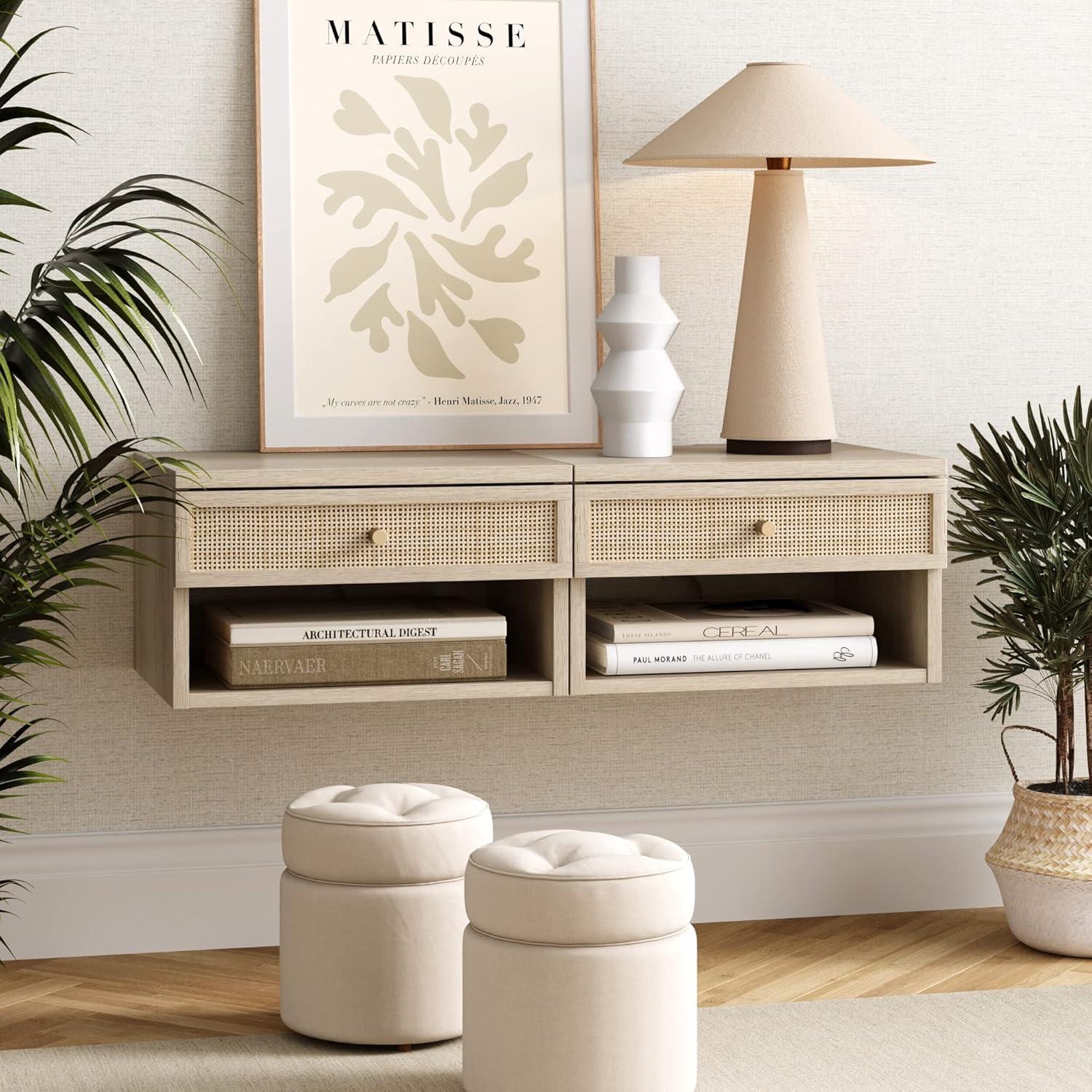 Nathan James Jackson Floating Side Table Rattan and Wood Light Oak: Bedside Shelf, Laminate Surface