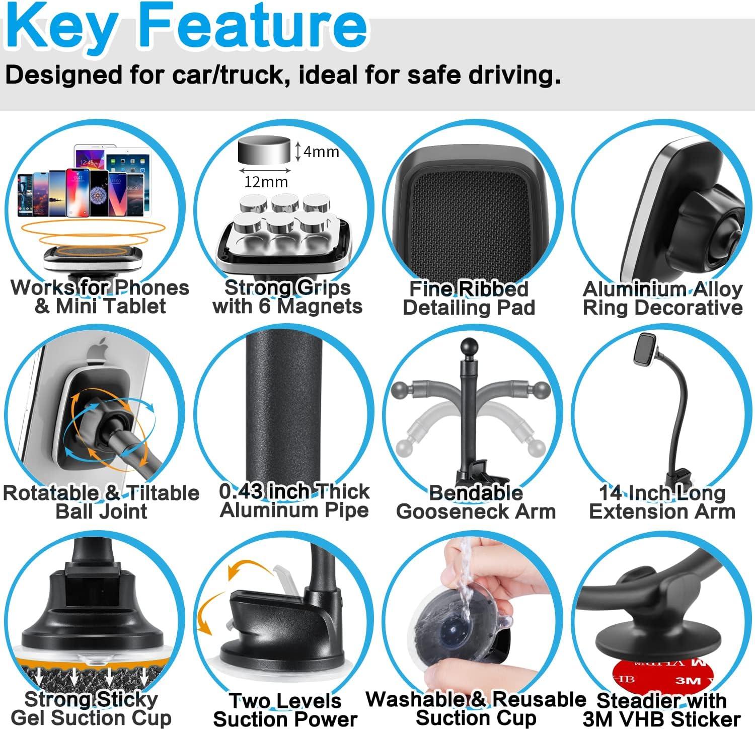 Magnetic Car Truck Phone Mount with 13-Inch Gooseneck Extension Arm, Universal Windshield Dashboard Industrial-Strength Suction Cup Mobile Vehicle Holder for All Cell Phones iPhone by 1Zero