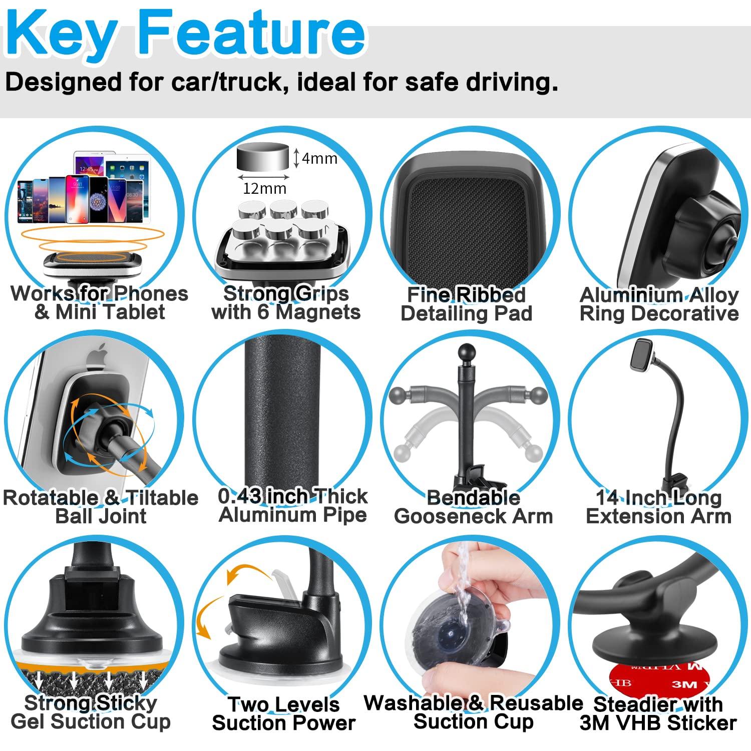 Magnetic Car Truck Phone Mount with 13-Inch Gooseneck Extension Arm, Universal Windshield Dashboard Industrial-Strength Suction Cup Mobile Vehicle Holder for All Cell Phones iPhone by 1Zero