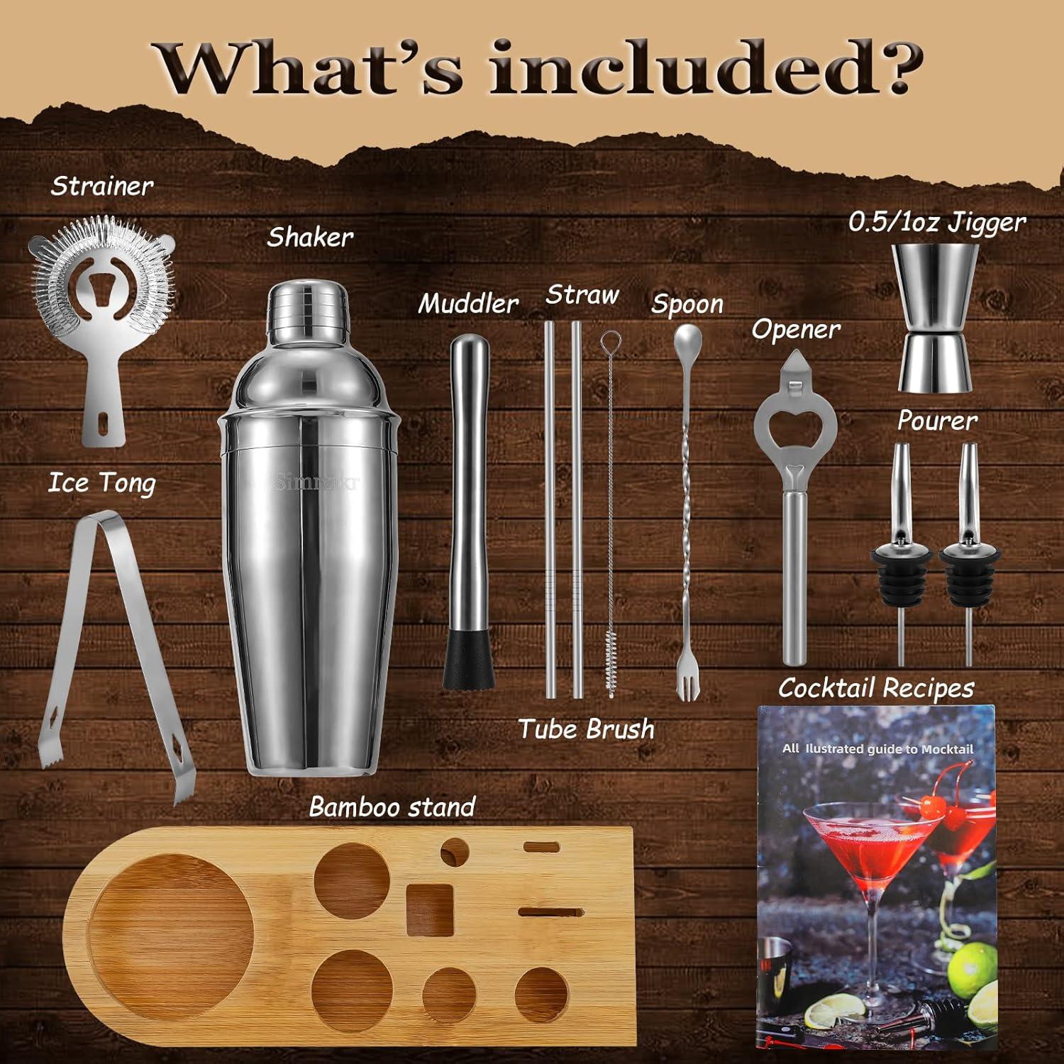 Cocktail Shaker Set Bartender Kit with Stand - Drink Mixer Bar Set with All Essential Bar Accessory Tools - Martini Shaker Jigger Strainer Mixer Spoon Muddler Liquor Pourers - Rose Gold