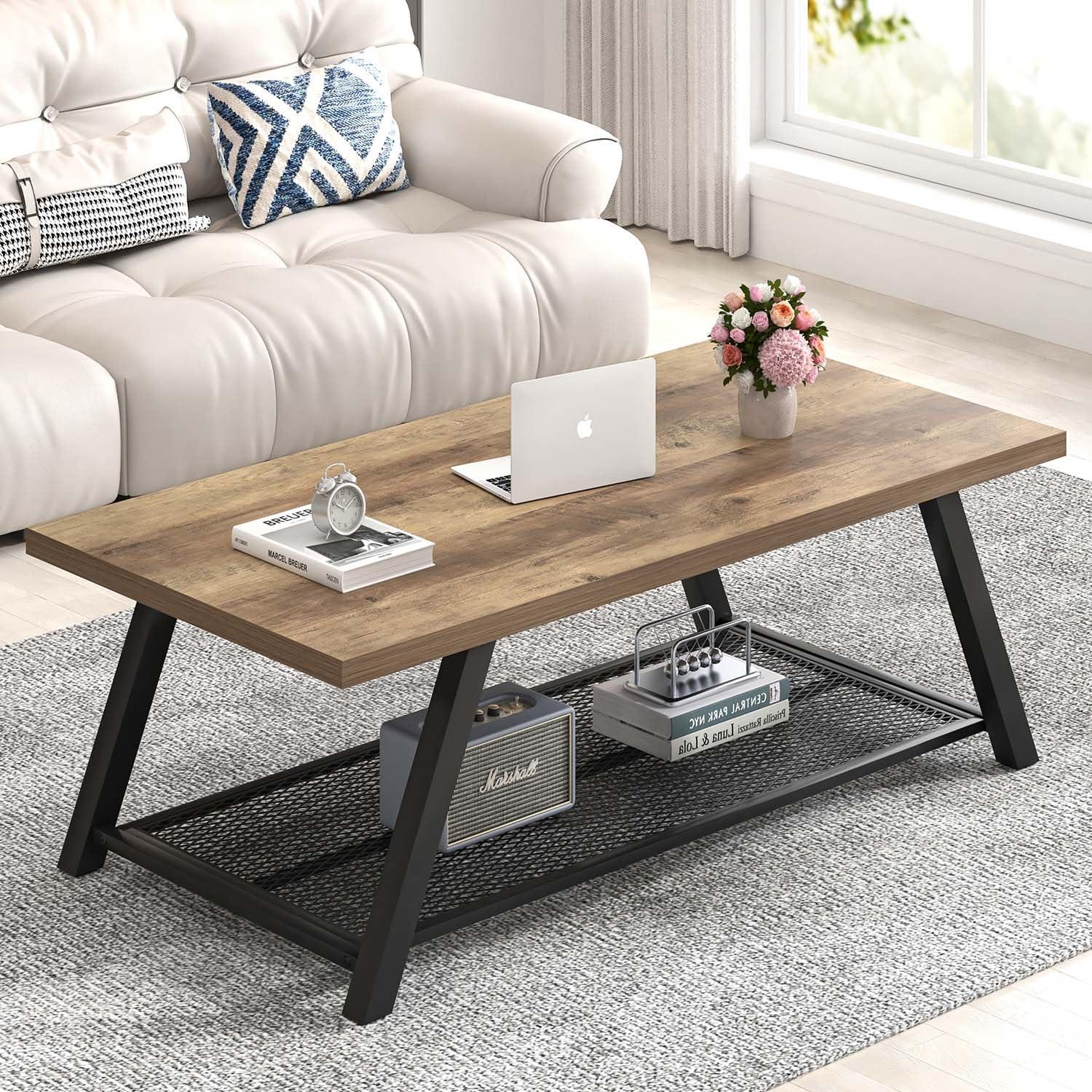 FOLUBAN Coffee Table, Modern Rustic Wood and Metal Center Table with Storage, Industrial Cocktail Tea Table for Living Room, Oak, 47 Inch