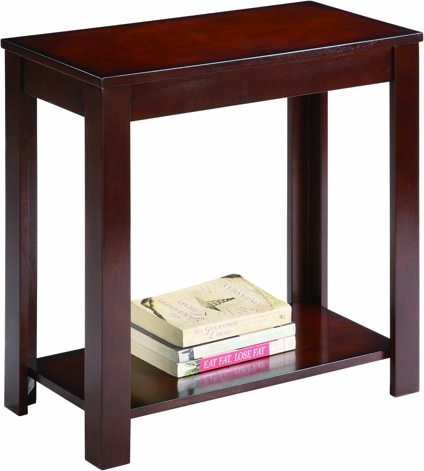 Crown Mark Pierce Chairside Table, rectangular brown, open shelf at bottom. Simple design for versatility. MDF construction