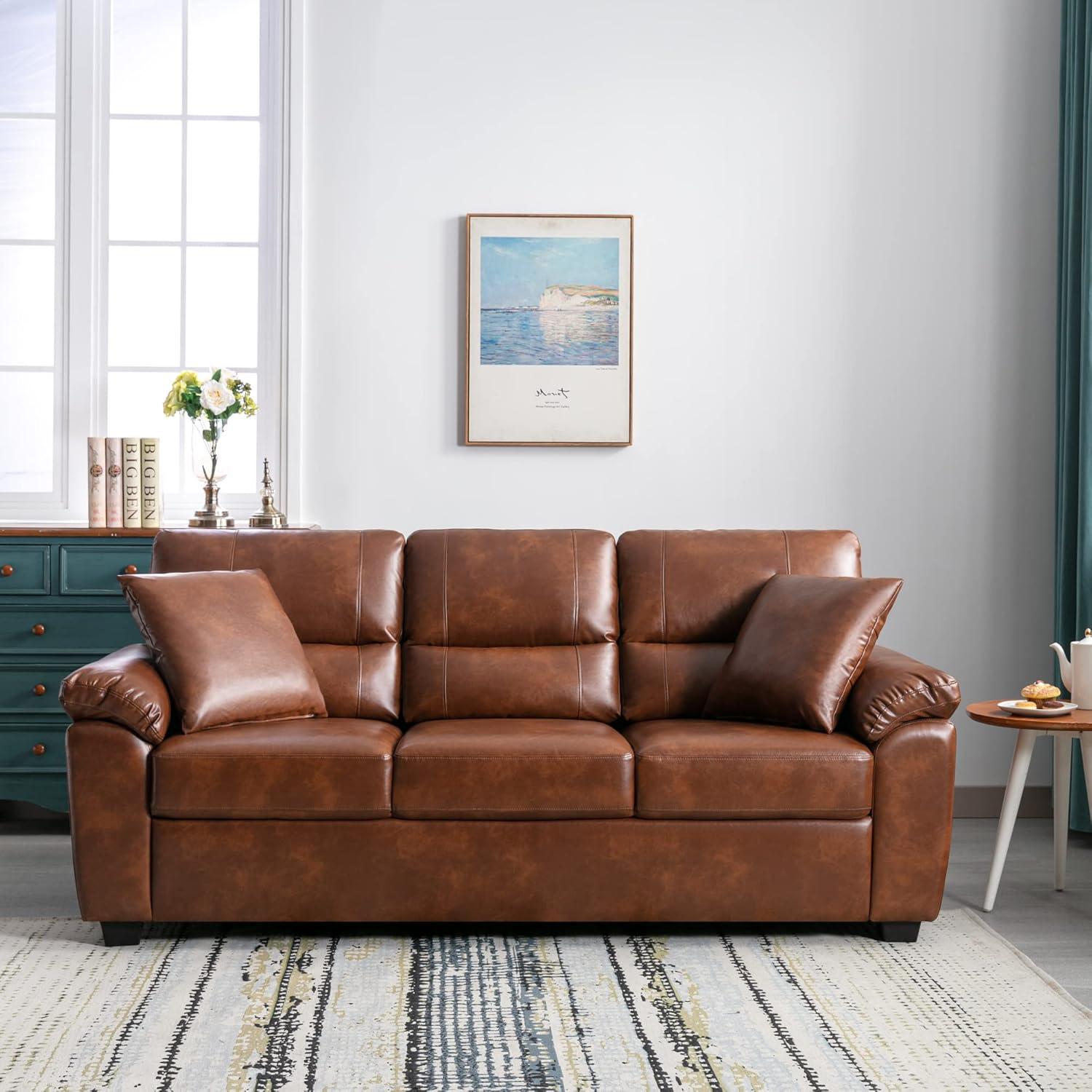 Brown Leather 3-Seat Flared Arm Sofa with Wood Frame