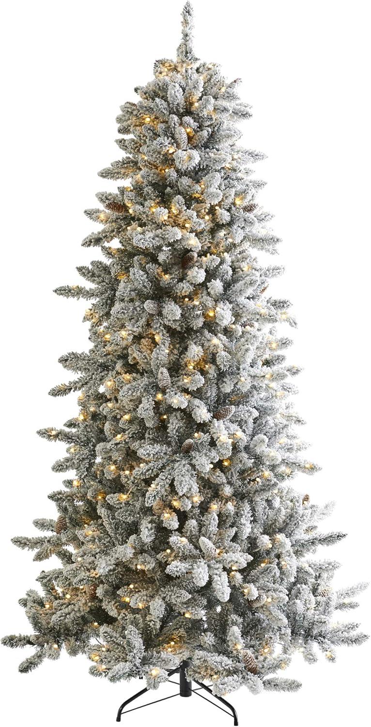 Nearly Natural Pre-Lit LED Flocked Livingston Fir Artificial Christmas Tree with Pinecones Clear Lights