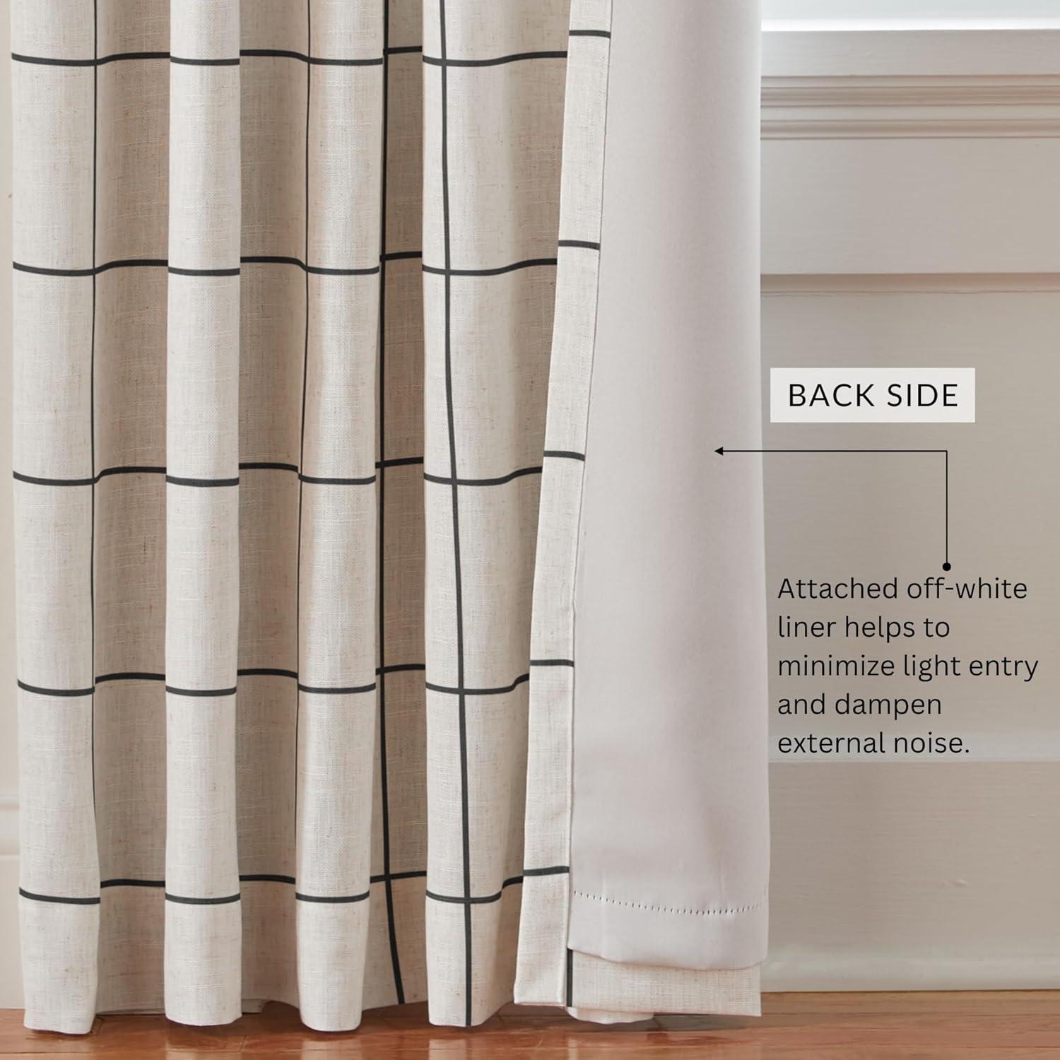 Brighton Windowpane Plaid Lined Room Darkening Single Window Curtain Panel - 52" x 95" - Black - Elrene Home Fashions